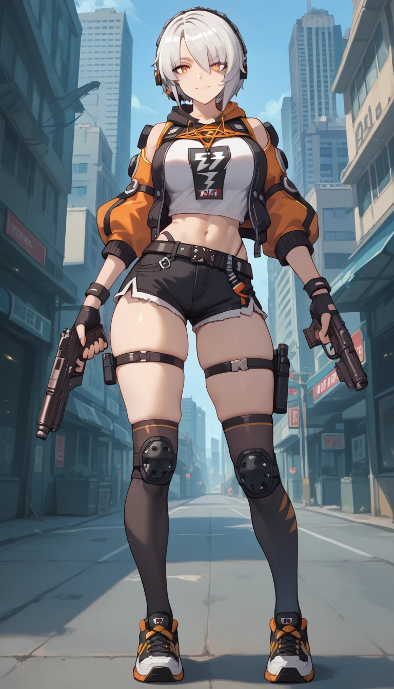 ultra-detailed, 1girl, anby, Zenless Zone Zero, (best quality), ((masterpiece)), (highres), 16K, orange eyes, perfect face, short hair, white hair, headphones, wearing black vest, wearing bootyshorts, black thighhighs, thigh straps, knee pads, holster, gloves, belt, sports shoes, busty body, large breasts and a beautiful ass, showcasing cleavage, legs, hips, gun, holding gun, looking at viewer, smile, detailed full body, thigh details, city background