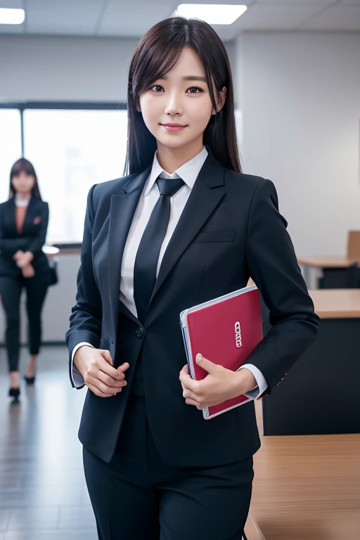 There is a woman in a business suit holding a folder, ji-min - SeaArt AI