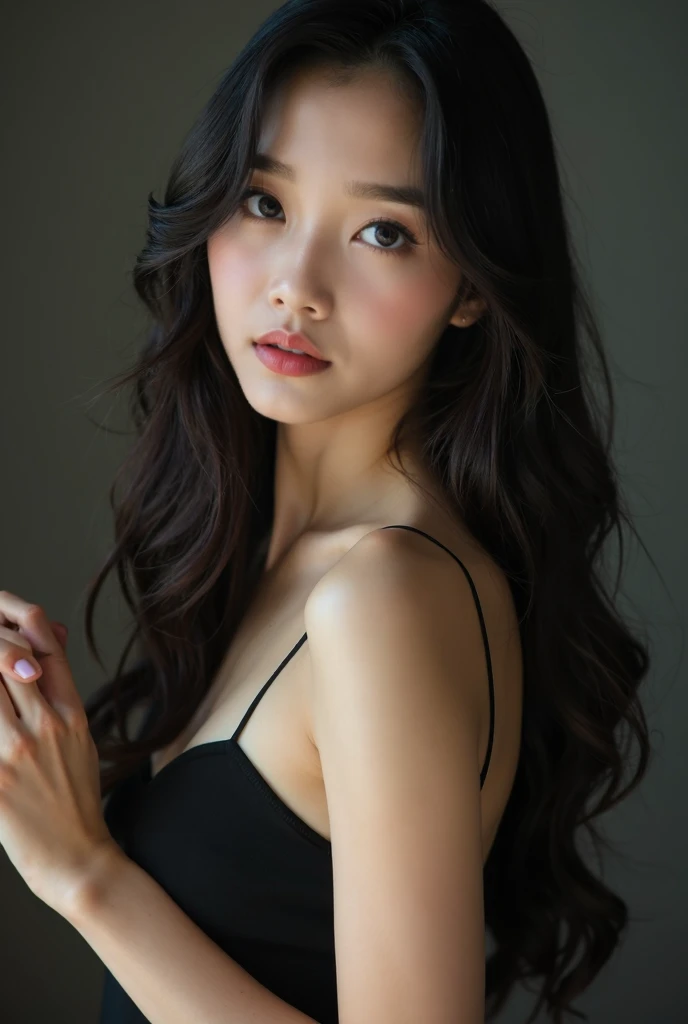 film portrait photography, 1girl, bare shoulders, wavy shoulder-length hair, serene, calm, (realistic detailed eyes, natural skin texture, realistic face details), soft dramatic lighting, depth of field, bokeh, vibrant details, finely detailed, hyperrealistic, 35mm film, hazy blur, filmg,