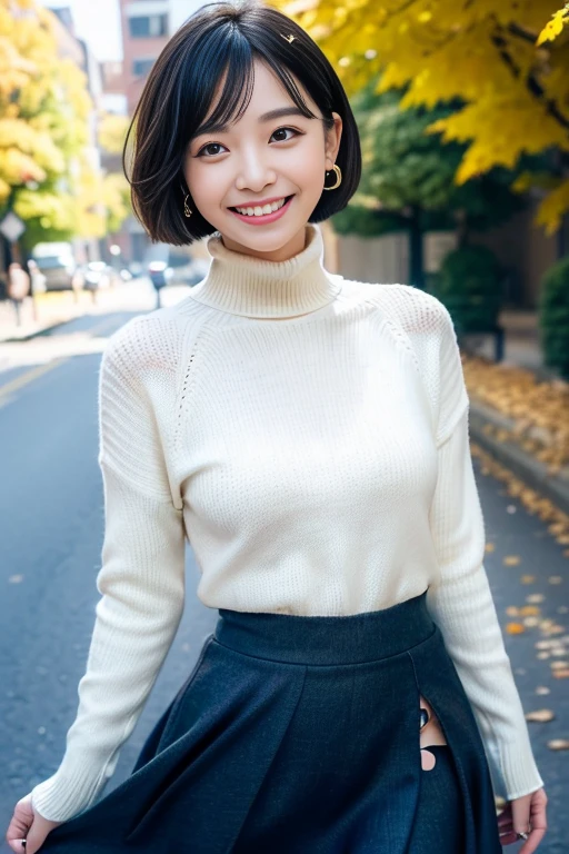 (Autumn street corner, The wind is blowing, Dead leaves are falling), (I lift up my skirt, Showing panties, Smiling with teeth showing, View your viewers, Looking at the camera, affable:1.4), (Realistic clothing, White panties, High neck sweater, Elegant maxi skirt:1.3), (full length, whole body), (Black Hair, , Small waist and large bust style, Short, Short Bob Cut, Cheek stickers, little star earrings, Vivid eyes, Sister&#39;s Girl, Round face, Eyebrows downwards, A slight blush, View your viewerss, Affectionate Cute, pretty girl, Unrealistic high school student, Big Breasts:1.4), (Surrealism, Natural Light, Nikon, 8k, Super detailed, masterpiece, Attention to detail, Anatomically correct)