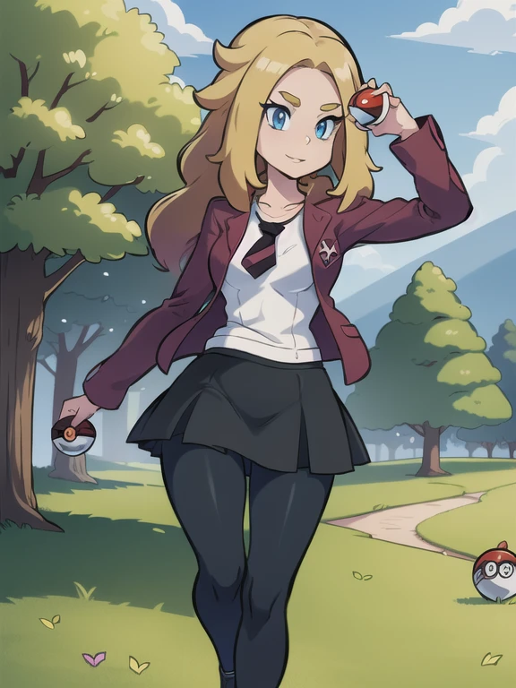 (masterpiece:1.2), best quality, high resolution, unity 8k wallpaper, (illustration:0.8), (beautiful detailed eyes:1.6), extremely detailed face, perfect lighting, extremely detailed CG, (perfect hands, perfect anatomy), a Lass from Pokemon Sword and Shield, blonde hair, blue eyes. (holding a poke ball:1.3). (Wearing: A school uniform, opened magenta jacket, white undershirt, magenta tie, short black skirt, black shiny leggings and black shoes). The background is the view of the green forest, she’s walking on the forest path.