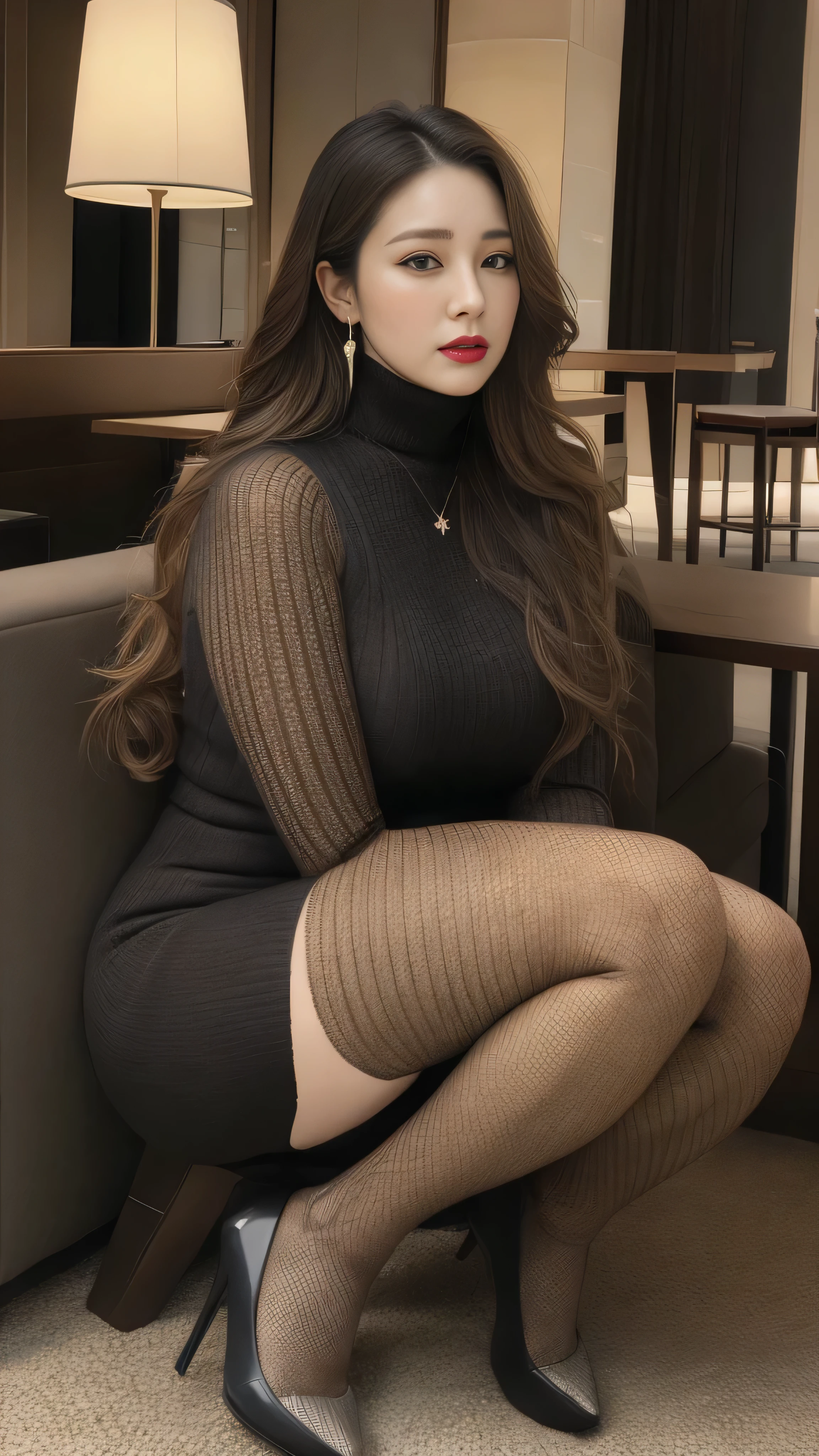outdoor，Scenes，25 years old, Fair complexion, (No cleavage),thigh, cosmetic, (Lipstick: 1.1), (Eyeliner: 1.2), mascara, Eyeshadow,Outdoor sports, earrings, necklace, Black pantyhose, Wrinkles at the corners of the eyes, Oral wrinkles,High Neck Knit Bodycon Skirt，full-body shot，An Asian Japanese woman，25 years old，big eyes，elegant temperament elegant temperament，Huge sagging breasts(masterpiece:1.2, best quality), Practical, (real picture,25 years old， Intricate details, Depth of Field，High neck clothes), careful, The content is very detailed, This is a perfect face, Perfect body, large model, Mature woman, High, Leg length,Black silk suspenders，8k,best quality, masterpiece, Ultra-high resolution,(lifelike:1.4), original photo, Sharp focus, detailed, dramatic, Exquisite beautiful woman, (tall and straight:1.1), (No), (Drooping Giant:1.1), (Fat goddess desetallic high leg high collar dress mini skirt:1.0),(turtleneck slim fit skirt),(Transparent Metallic Miniskirt ), half butterfly earrings, double ring necklace, (:1.05), cosmetic, (Lipstick: 1.1), (Eyeliner: 1.2), mascara, Eyeshadow, Long curly hair, Dynamic angle, (Red lips)Beautiful graphics, thigh long，Black Greasy Reflective Bodysuit, Scenes，Fishnet socks，Red high heels