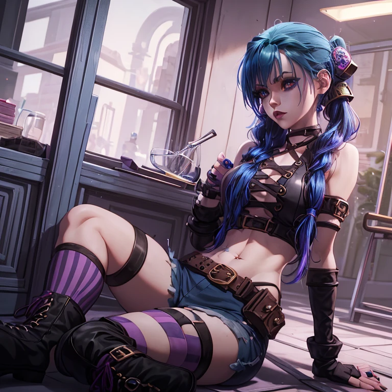 Blue Haired Girl, Book, Arcanum, red-lips, Arcanum. Book, Girl with twin braids and blue color., Book, Arcanum, Book de Arcanum, Book usa uma blusa marrom com um 'x' no meio sa blusa, Arcanum, Book wears leather pants, estilos Arcanum, Book, Eyes pink