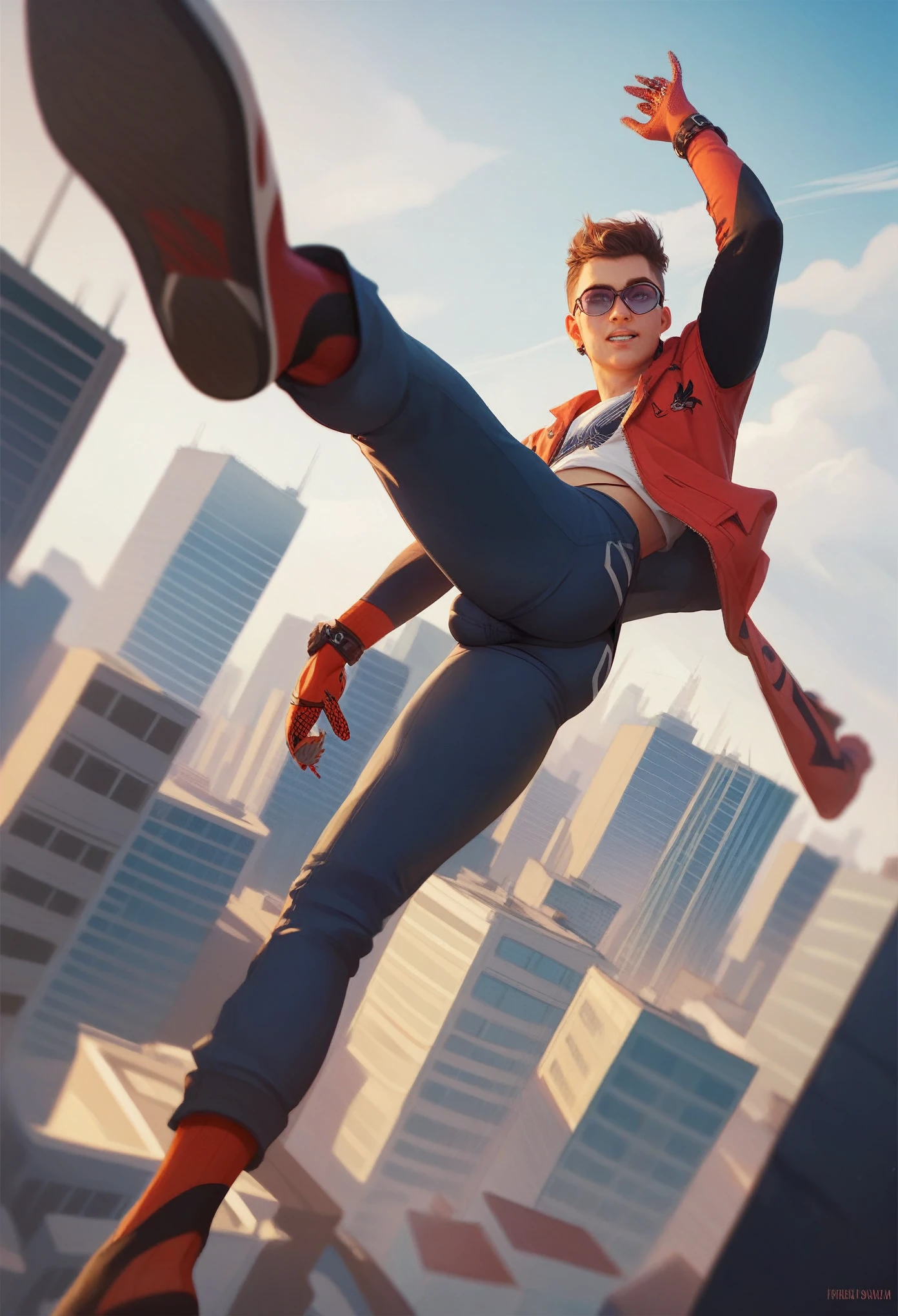 Spiderman in the air, city background. He has a bulge in his clothes.