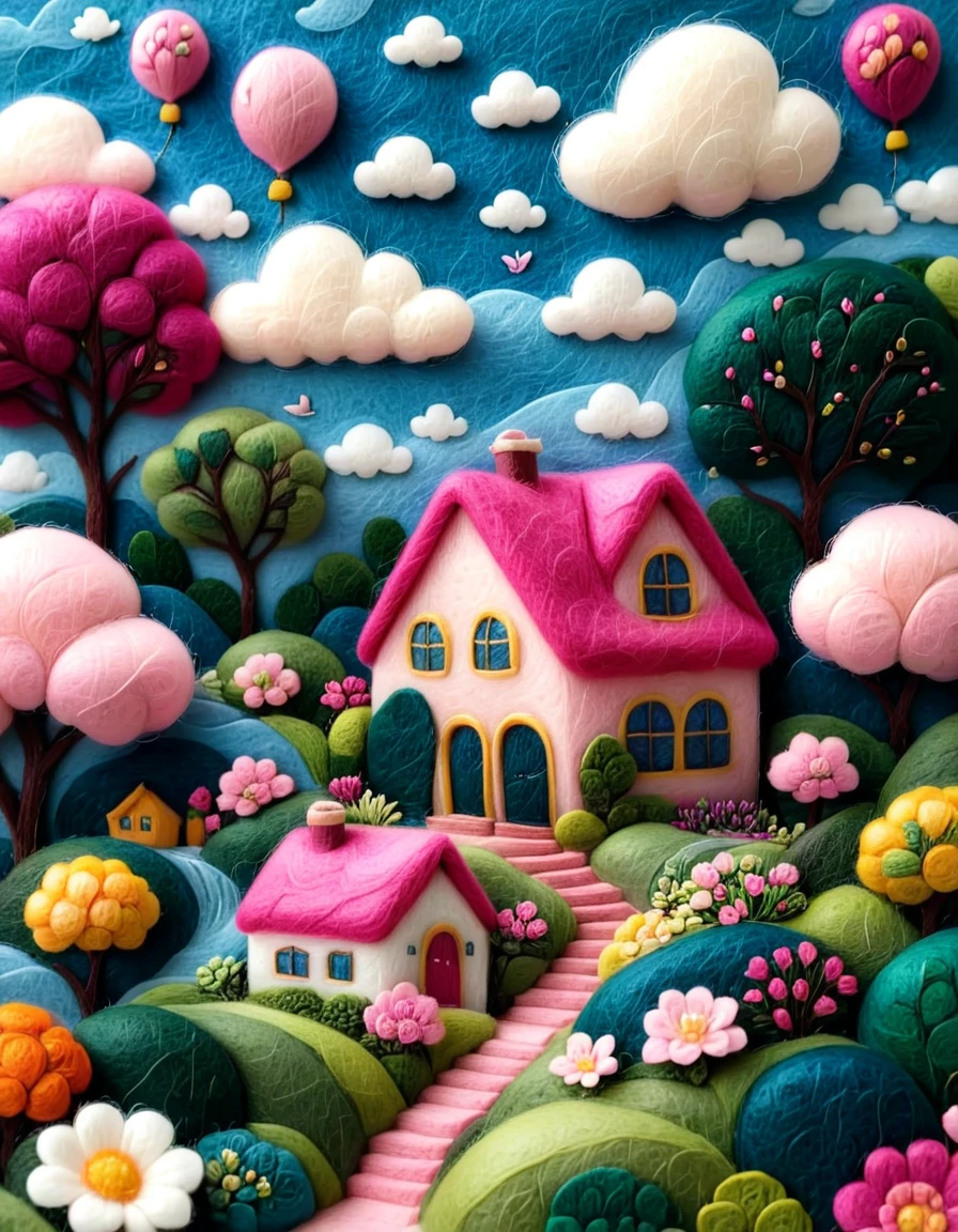 Very strong felt style. Micro Landscape， Lovely house，Rich colors，Pink Dream