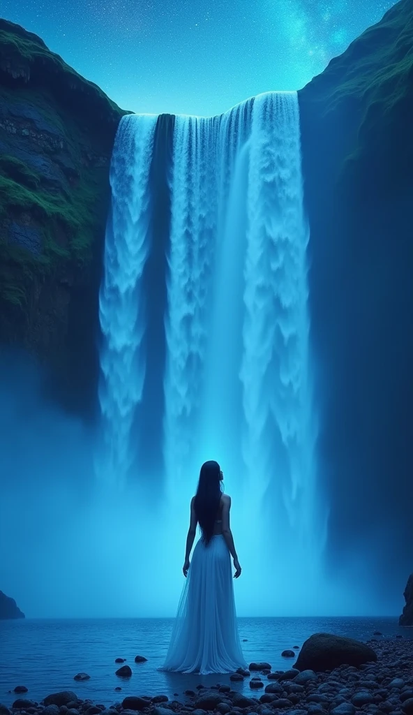 A majestic scene of a mystical waterfall, where an extraordinarily beautiful woman with a proportionate body is bathing. Her long black hair flows down as she gracefully moves in the water. The mist from the waterfall creates a soft and ethereal atmosphere around her, making the scene appear delicate and serene. The lighting is bright yet gentle, enhancing the natural beauty of the moment. This image is cinematic, hyper-detailed, 8K, ultra-sharp, UHD.
