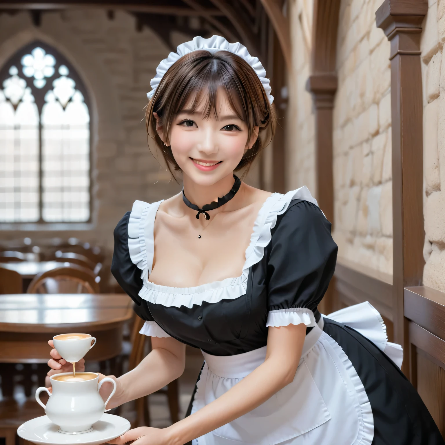 Score_9, Score_8, Score_8upScore_7, Best Quality、masterpiece、Alone、((Cute maid outfit)), ((Layered Haircut)), Slender body, Slim face, (8k,Best Quality),Mid-range shooting, Adorable, smile,Perfect hands,Black choker、Almond Eye、bangs, Brown Hair, Very thick and long eyelashes, Perfect Makeup, Medieval style, Study, A maid carrying coffee on a tray、The maid is bending over to put down the coffee.., Hunchback