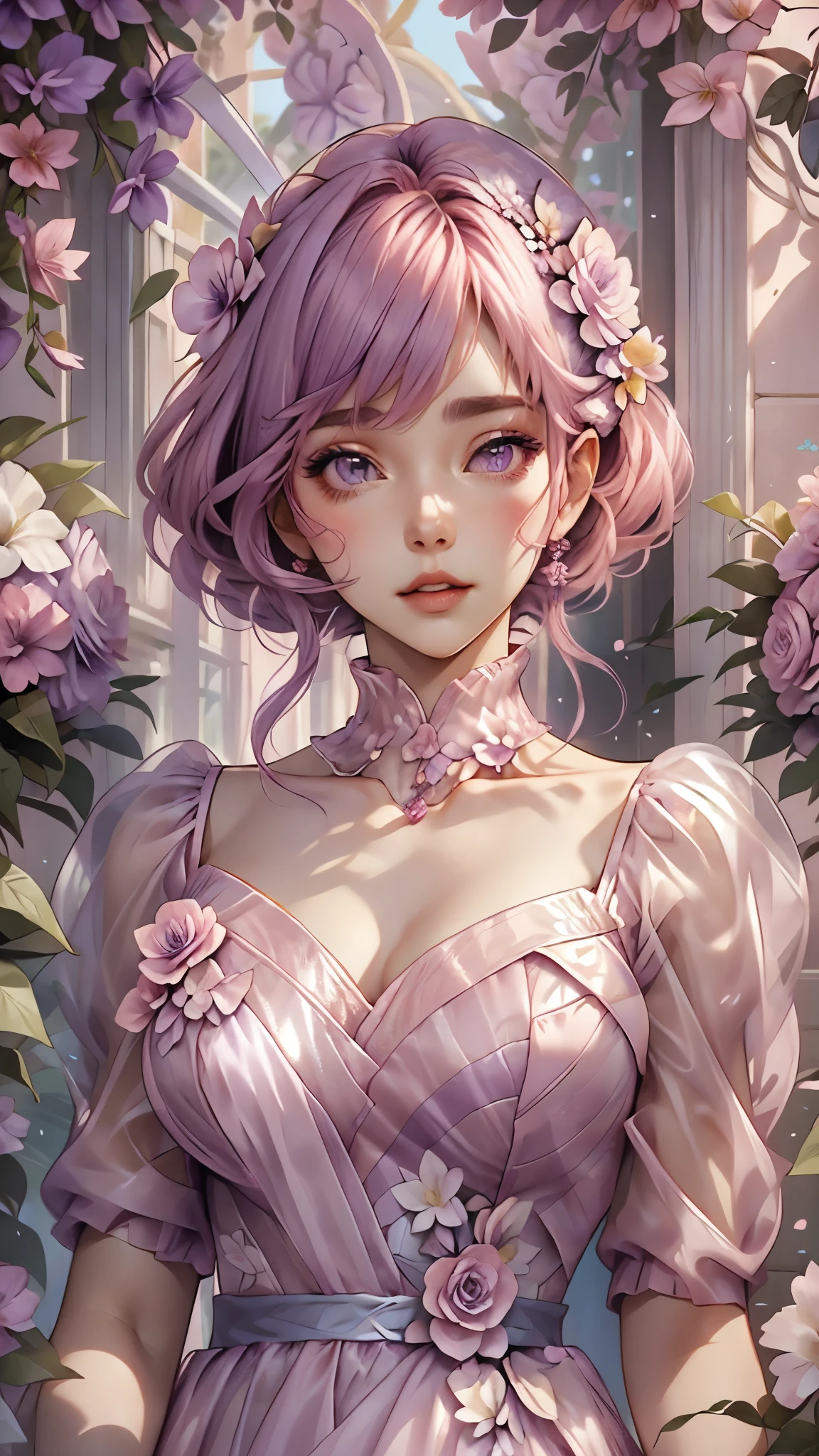 a woman in a pink and purple dress standing in front of flowers, beautiful comic art, beautiful alluring anime woman, beautiful anime woman