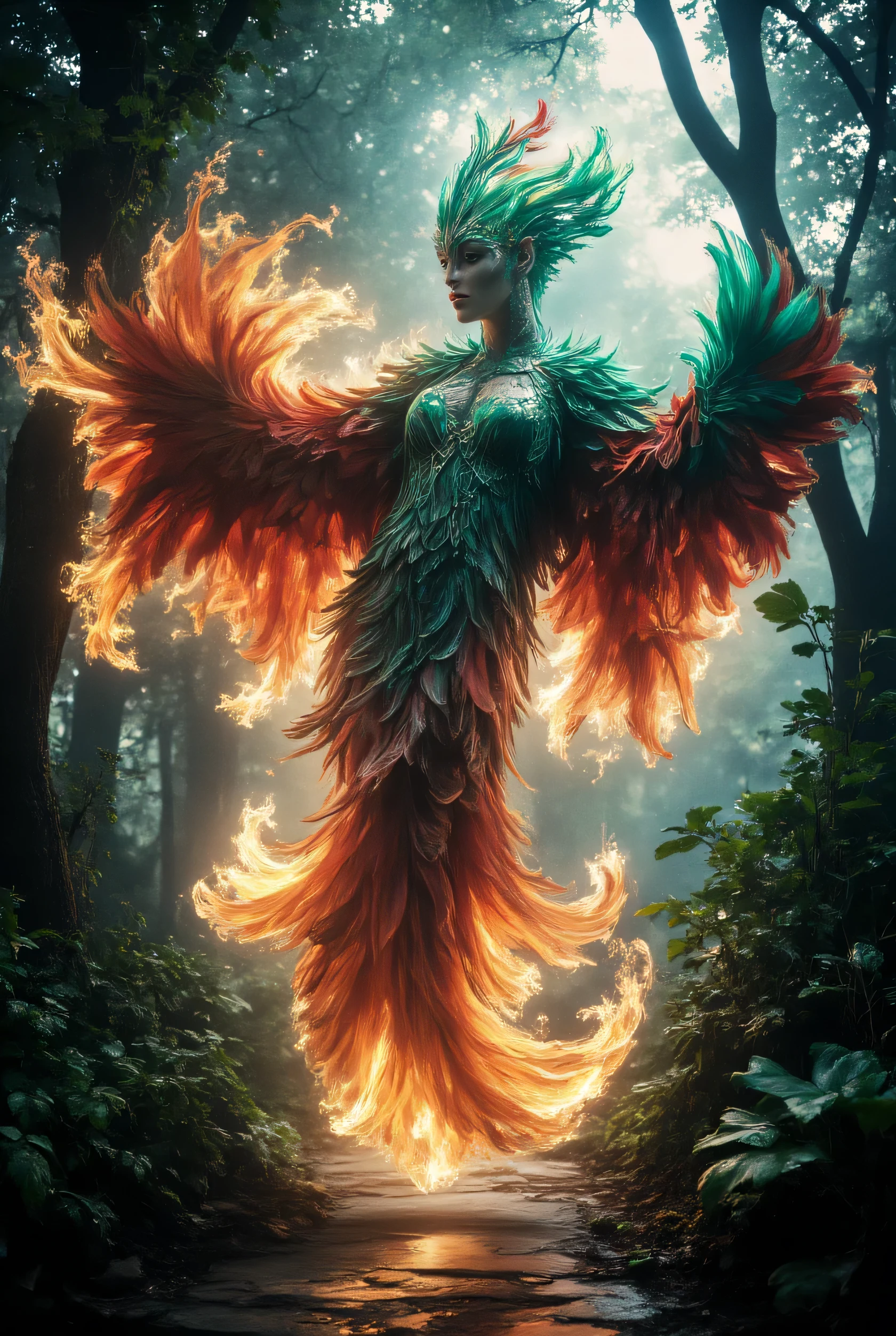 a female shapeshifter, turnging into a phenix, a mythological bird, Abstract Expressionism, Chiaroscuro, Halogen, Low-Key Lighting, Pathway Lighting, Beige Color, Crimson Color, Emerald Color, Canon 5D Mark IV Wide Angle Lens, Astral-aura, Nebula-neo, Aluminum, Bronze, Ceramic, Supernatural, Firefly Forest Backdrop, Unreal Engine, 8k, By Garald Brom
