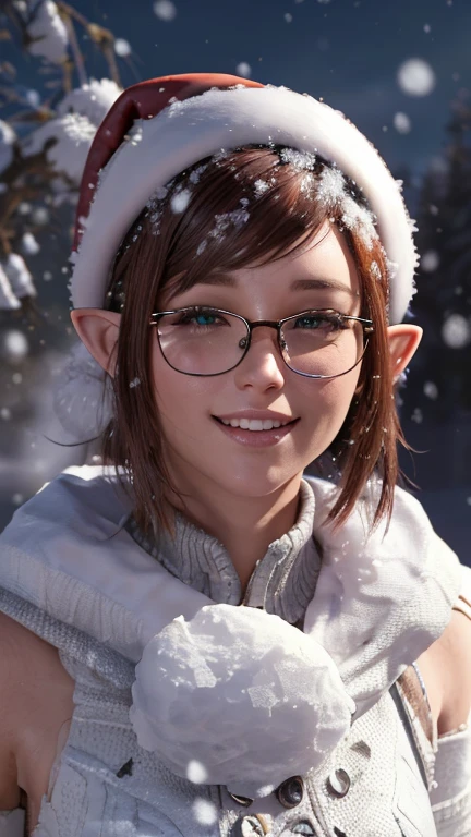 portrait, close-up, upper body. Short, red hair, green eyes, glasses with metal frames, Santa Claus outfit, joyful smile, funny elf girl . (masterpiece, high quality, top quality, official art, beautiful and aesthetically pleasing:1.2), extremely detailed,(fractal art:1.2),Colorful,The most detailed, (dynamic pose), (snow background:1.5), (Lots of snow:1.4). ((split. leather texture, shiny skin. elegance. photorealism. unreal engine. 3D model. Ultra high quality textures. high detail. resolution 8k))