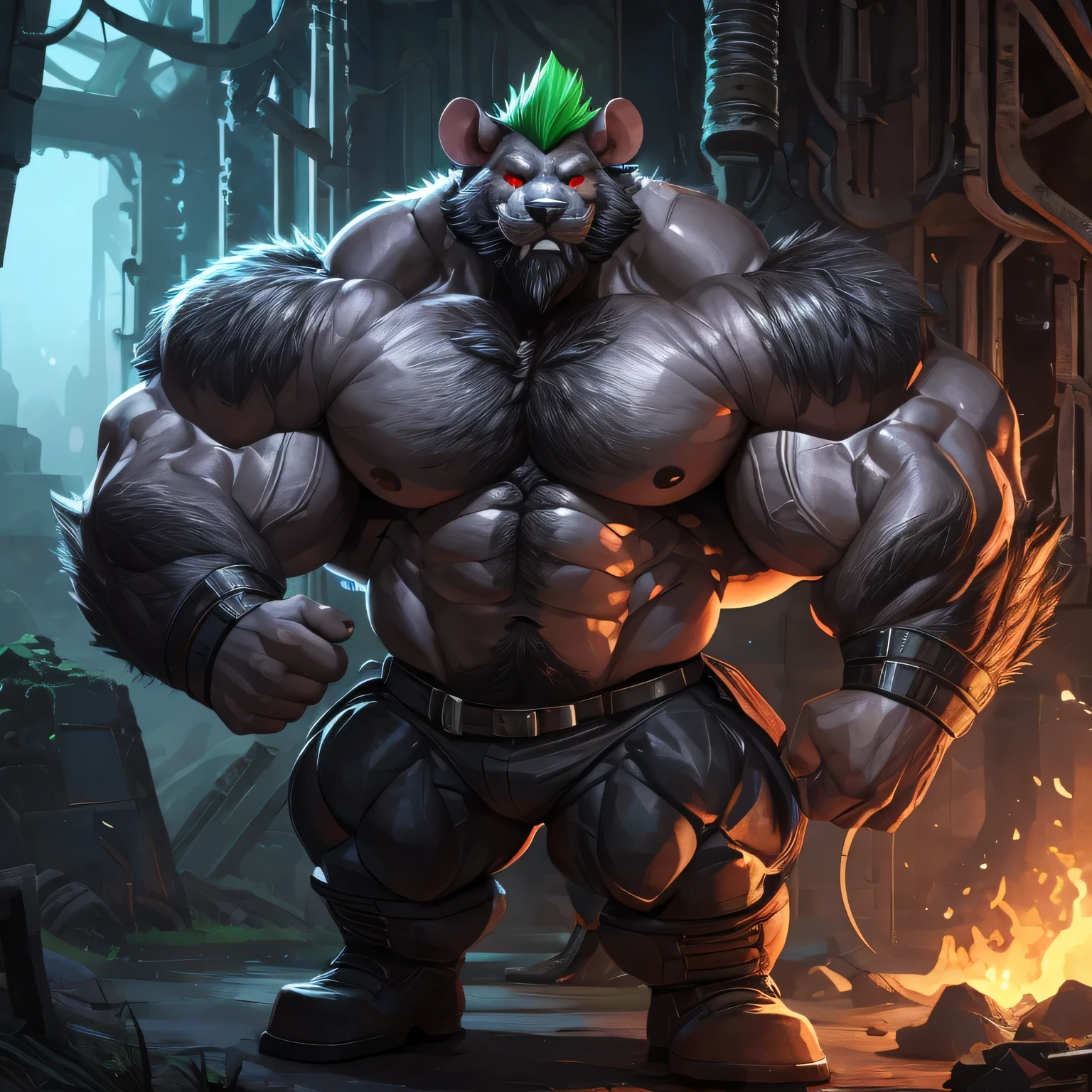 An anthropomorphic badass strongman bodybuilder rat (realistic, detailed, american shot, aesthetic physique, aesthetic proportions, 1.6 meters tall, the most muscular possible, the most bigger as possible,thick large oversized muscles, very strong body, very broad body, large broad shoulders, very broad-shouldered, very large, very broad shouldered, very massive, very thick, very muscular, very large muscles, very thick large oversized chest muscles, very thick large oversized arm muscles, very thick muscles, very massive muscles, muscle mountain, massive physique, well-built body, very hairy, very hairy arms, rat head (rat head, grey thick full mustache, grey thick trimmed full beard, grey thick mohawk hairstyle, red eyes, dark black fur) dark black fur, wears a futuristic black military heavy bodyarmor, wears a futuristic grey armored pant, wears futuristic black military boots, wears a futuristic black military heavy armor, flexing the right arm, holding a green glowing potion with the left hand) standing, puffing his chest out, flexing the right arm, holding a green glowing potion with the left hand, looking at the other from the height of his size, his upperbody muscles are growing, in a military encampment on the side of a swamp near futuristic ruins at night. Atmoshpere is very dark, visibility very low.