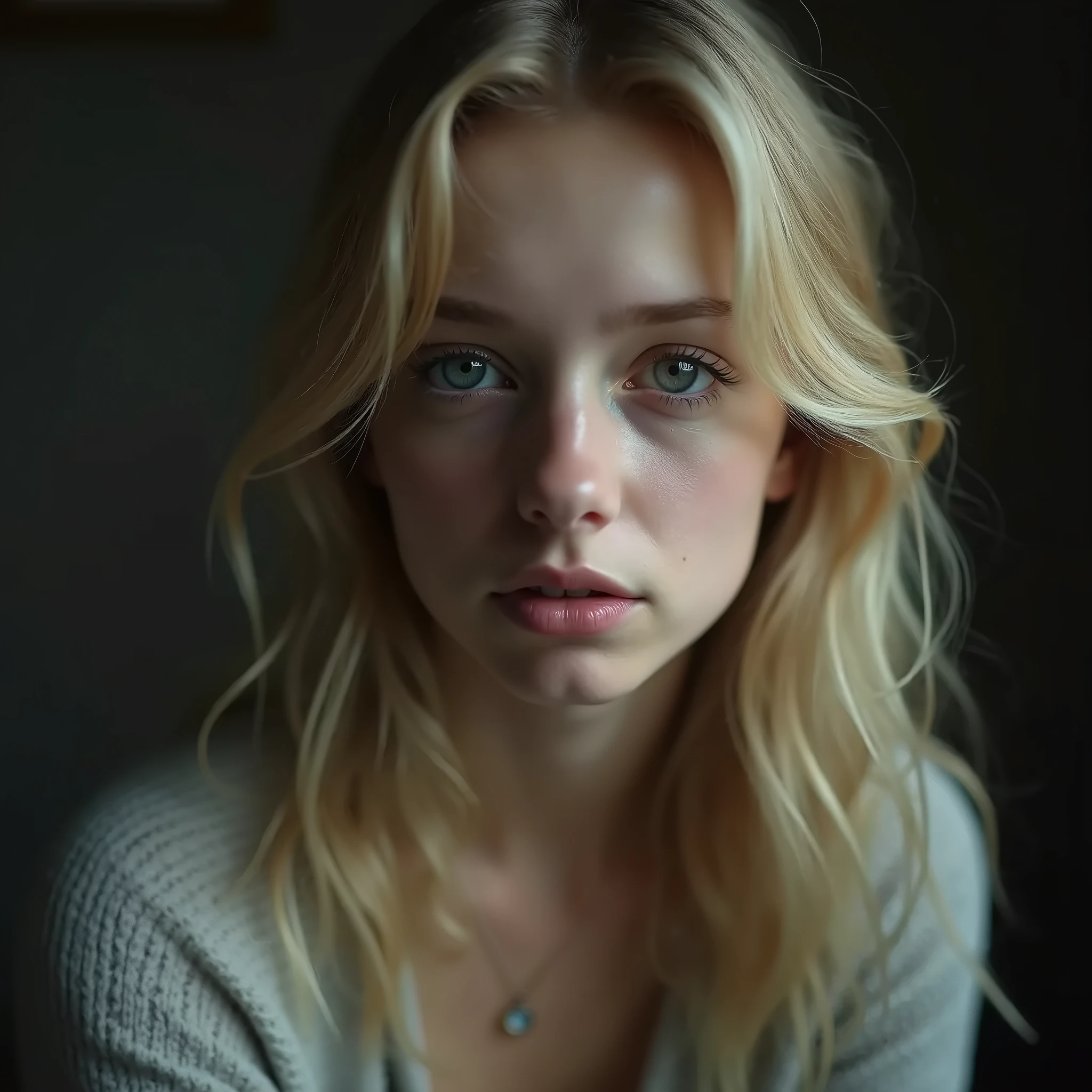 Blond woman with blue eyes and long blond hair looking at the camera ...
