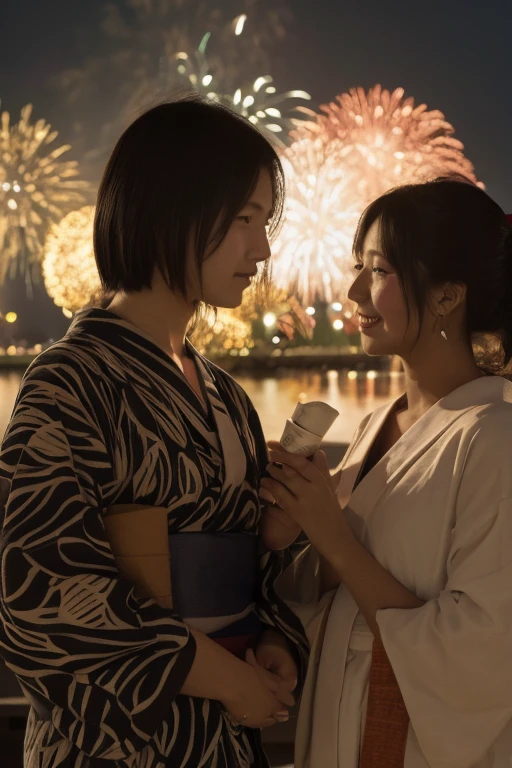 yukata beauty 2 people, firework,, 打ち上げられたfirework, Autumn atmosphere　The person is monochrome
