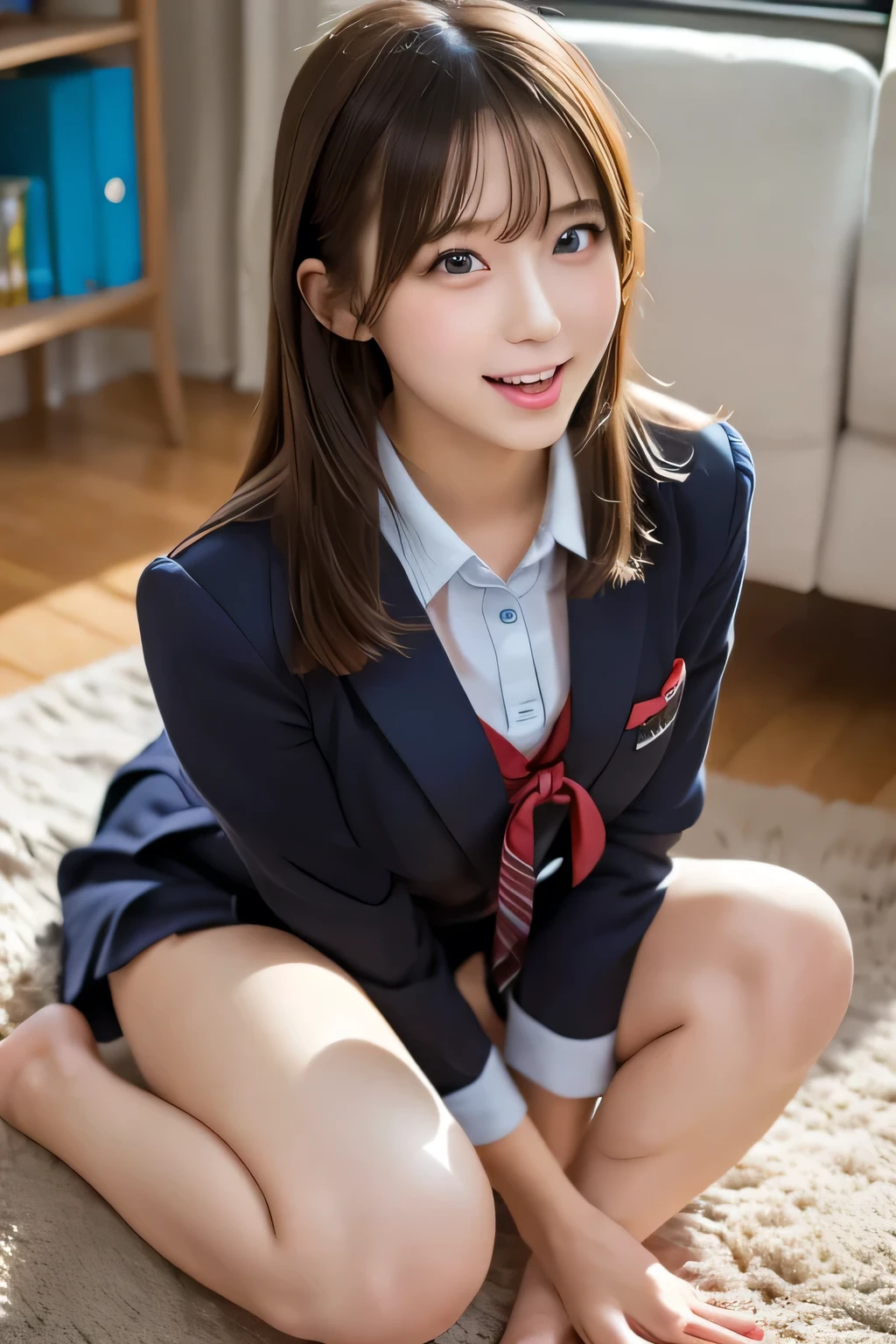 ((Highest quality)), Photogenic, Detailed skin, Detailed face, (Side-eyed tongue:1.5),ahegao, Mouth Opening, Long wet tongue, Drooling tongue, School classroom,Red Tie Uniform, Neat grey blazer,(Grey no-tuck mini skirt:1.7 ) ,15 years old, Shortcuts,Brown Hair, A mocking smile,(Thighs:1.5) ,knees, (((Crouched whole body:1.6))), pretty girl,Fresh and muscular thighs, loafers, White short socks with frills, Crouching, As if peering at me, ((Panty shot :1.3)), ((((fellatio gesture: 1.6))), Handjob, ((Spread your legs out to the side:1.4))