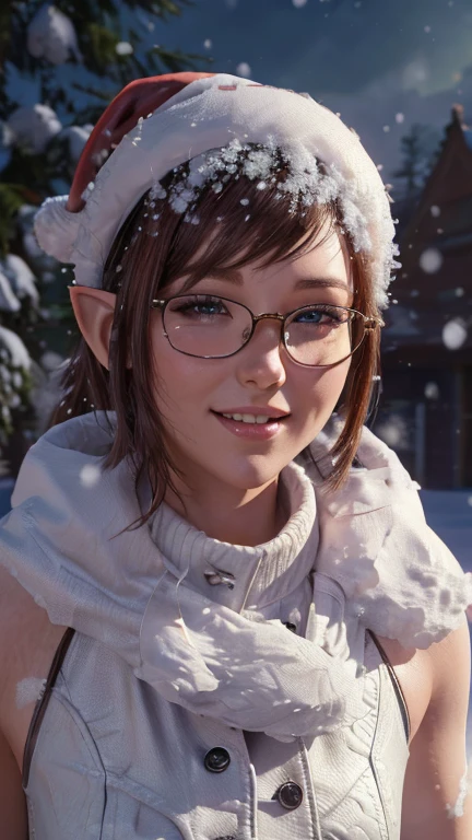 portrait, close-up, upper body. Short, red hair, green eyes, glasses with metal frames, Santa Claus outfit, joyful smile, funny elf girl . (masterpiece, high quality, top quality, official art, Beautiful and aesthetically pleasing:1.2), extremely detailed,(fractal art:1.2),Colorful,The most detailed, (dynamic pose), (snow background:1.5), (Lots of snow:1.4). ((split. leather texture, shiny skin. elegance. photorealism. unreal engine. 3D model. Ultra high quality textures. high detail. resolution 8k))