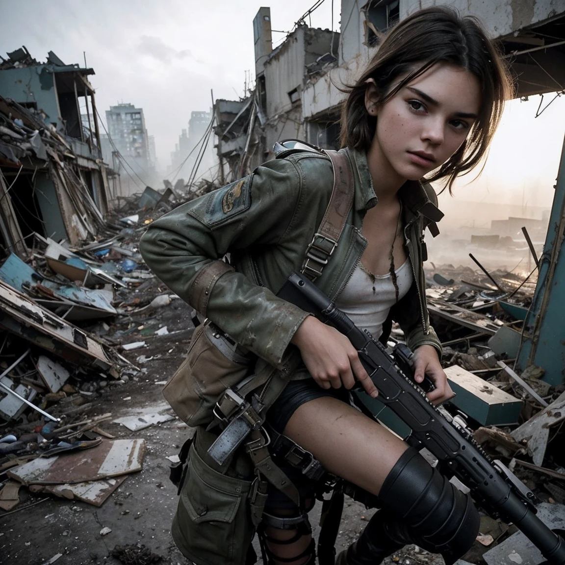 Flying toward the camera. a beautiful but dirty and ragged young slim girl, a Kendall Jenner look alike with a large gun in her hands, with a jetpack on her back flying toward the camera low between destroyed post apocalyptic buildings on patrol. Movie scene. Cinematic, post apocalyptic style.