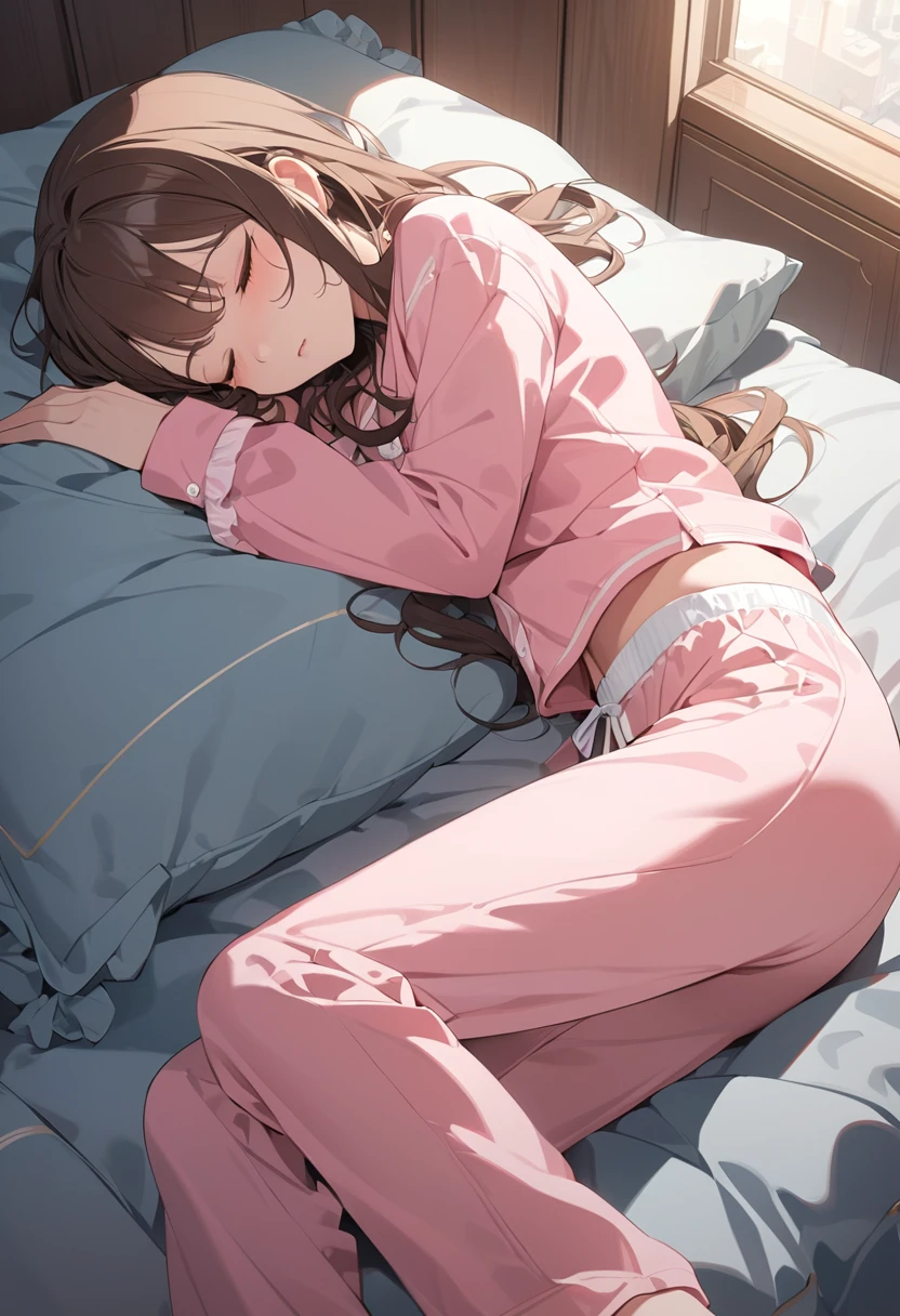 masterpiece, Best Quality, High resolution, Ultra-detailed, Sleeping girl, 2, Anime Style, She is wearing long pants, She is wearing pink pajamas, Brown Hair.、マキマ、チェーンソーマン、マキマ