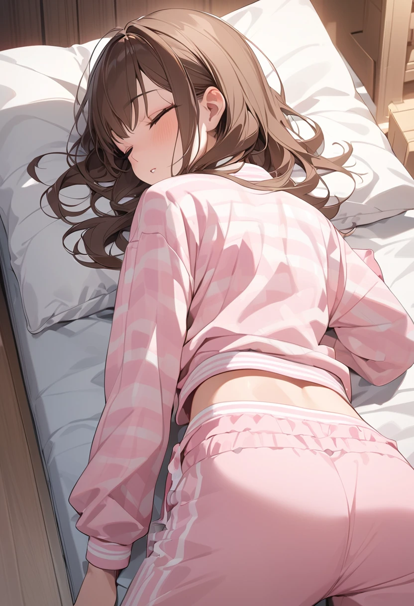 masterpiece, Best Quality, High resolution, Ultra-detailed, Sleeping girl, 2, Anime Style, She is wearing long pants, She is wearing pink pajamas, Brown Hair.、マキマ、チェーンソーマン、マキマ