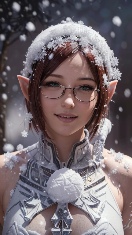 portrait, close-up, upper body. Short, red hair, green eyes, glasses with metal frames, Santa Claus outfit, joyful smile, funny elf girl . (masterpiece, high quality, top quality, official art, Beautiful and aesthetically pleasing:1.2), extremely detailed,(fractal art:1.2),Colorful,The most detailed, (dynamic pose), (snow background:1.5), (Lots of snow:1.4). ((split. leather texture, shiny skin. elegance. photorealism. unreal engine. 3D model. Ultra high quality textures. high detail. resolution 8k))