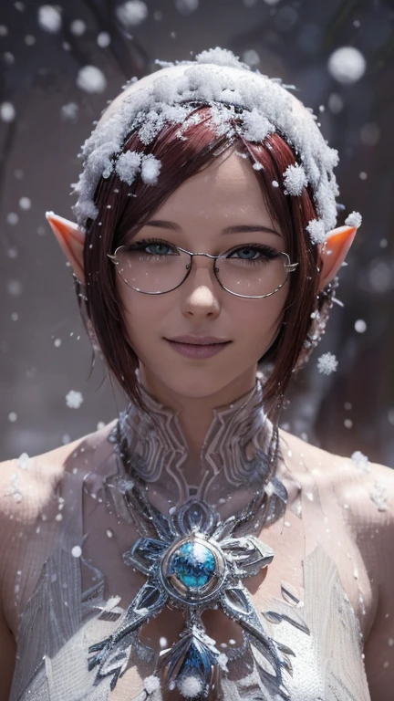 portrait, close-up, upper body. Short, red hair, green eyes, glasses with metal frames, Santa Claus outfit, joyful smile, funny elf girl . (masterpiece, high quality, top quality, official art, beautiful and aesthetically pleasing:1.2), extremely detailed,(fractal art:1.2),Colorful,The most detailed, (dynamic pose), (snow background:1.5), (Lots of snow:1.4). ((split. leather texture, shiny skin. elegance. photorealism. unreal engine. 3D model. Ultra high quality textures. high detail. resolution 8k))