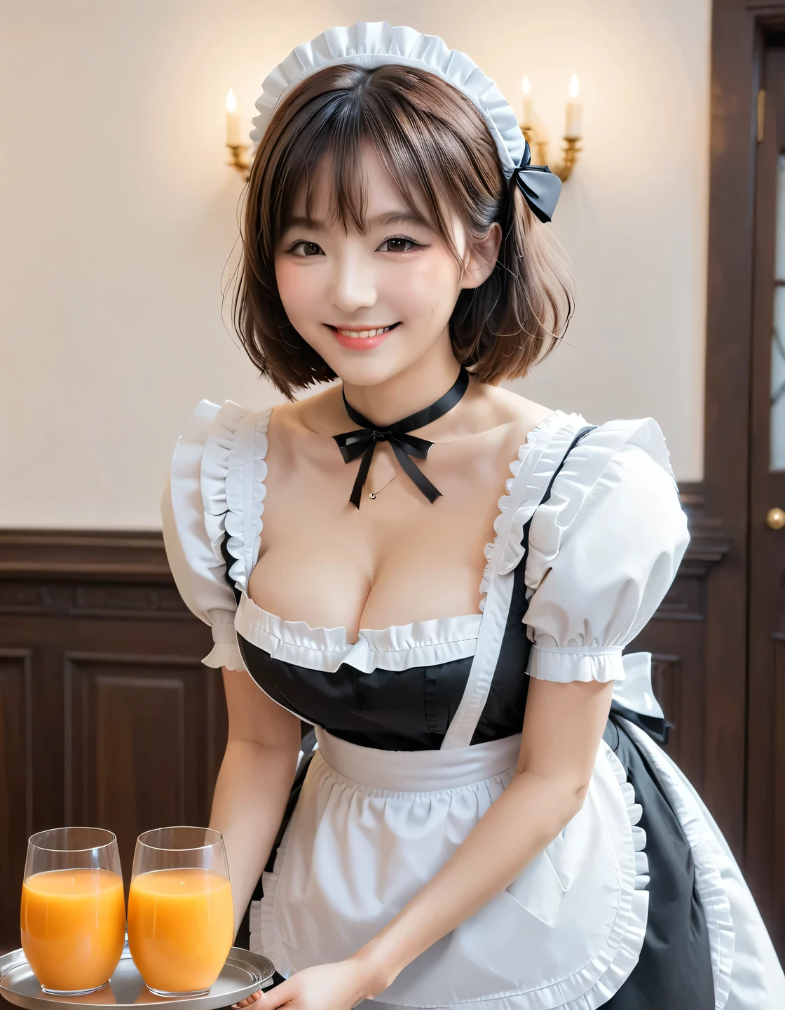 Score_9, Score_8, Score_8upScore_7, Best Quality、masterpiece、Alone、((Cute maid outfit)), ((Layered Haircut)), Slim body, Slim face, (8k,Best Quality),Mid-range shooting, Adorable, smile,Perfect hands,Black choker、Almond Eye、bangs, Brown Hair, Very thick and long eyelashes, Perfect Makeup, Medieval style, Study, A maid carrying a tray of fresh juice、The maid is bending over to put down the glass.., slouch, Browse Down