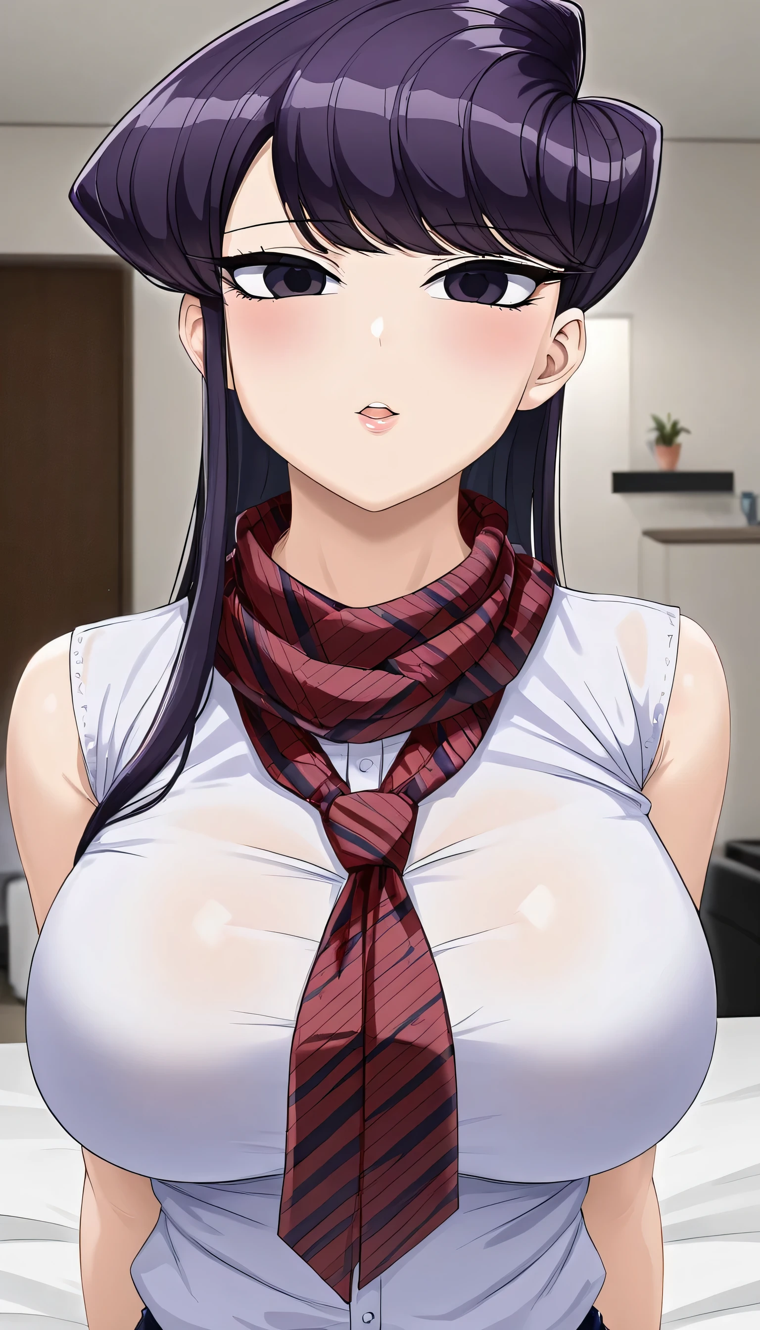 Hot anime girl, komi_shouko, short purple hair,red scarf,big breasts,