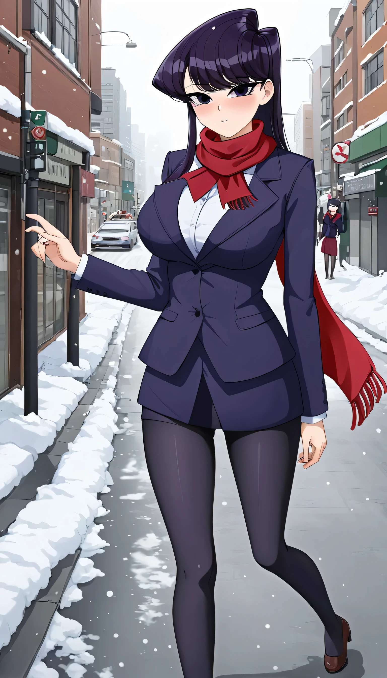 Hot anime girl, komi_shouko, short purple hair,red scarf,big breasts,embarrassing, city street, snow 