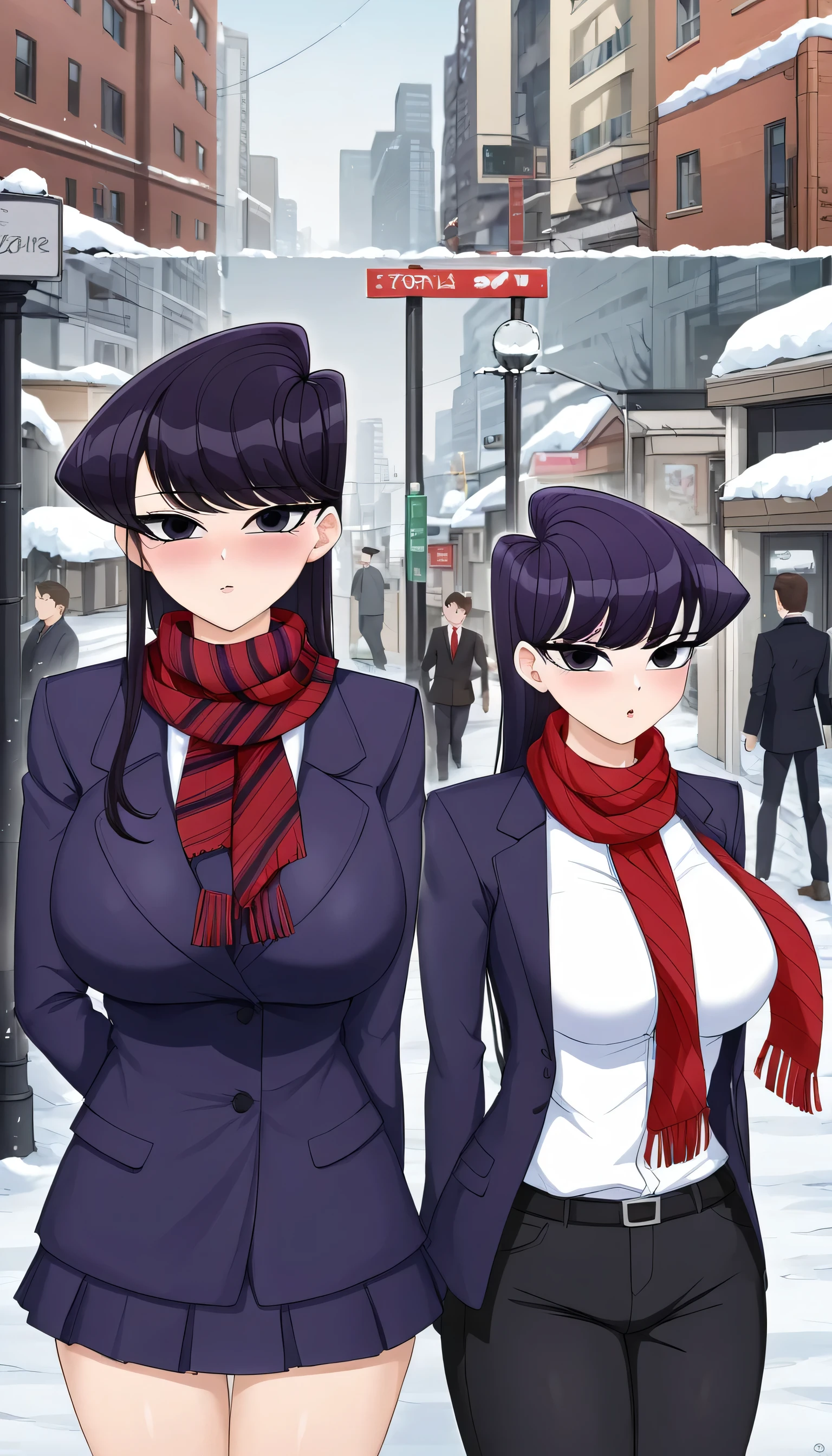 Hot anime girl, komi_shouko, short purple hair,red scarf,big breasts,embarrassing, city street, snow