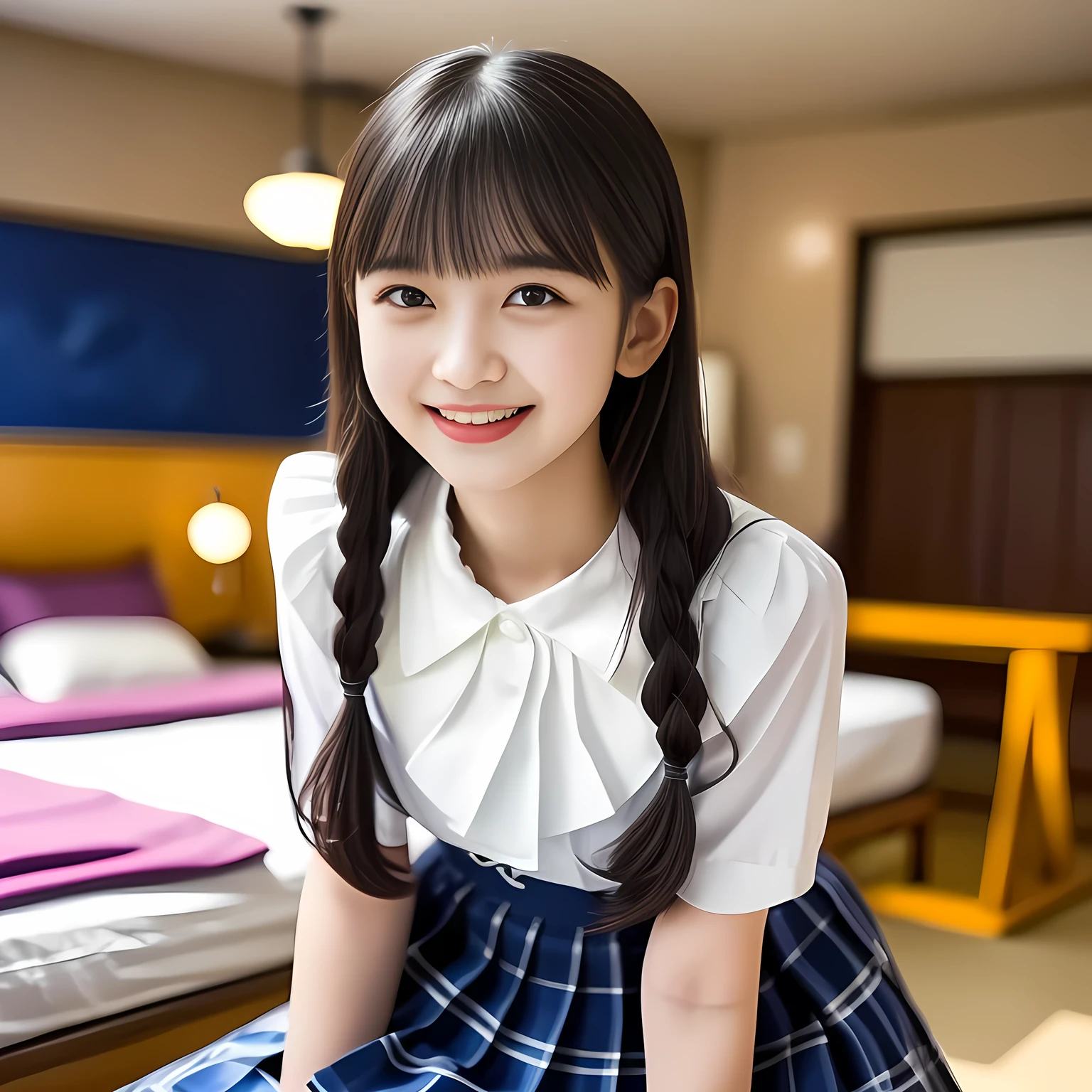 (Highest quality, masterpiece:1.2), Highest quality, High resolution, 1080P, 8k, height: 158cm, Multiple cute girls, (Noble, Japanese **** truly-girly-girl is seated on a blue gorgeous bed and smiling directly at me in school uniform, Looking up at me deeply, Hypnotizing me with her cuteness: 1.8), looking at the viewer, well-grown breast and nice style, (well arranged, balanced, neat glossy straight very long hair), (Half-closed, Looking up to me, Very sleepy, Double-deep-eyelids, completely balanced, brown large large dreaming Japanese **** eyes with detailed beautifully: 1.6), (Glossy lips: 1.8), (high nose: 1.2), (Rich and long bottom-eye-slashes), (Drives me crazy for her navy-colored neat tartan plaid blue skirts and make me fall into her navy-colored plaid-print pleats skirt: 1.4), (Fine white-face that looks like she has never been out of home: 1.6), (Noble girly feminine frilled frilled clean frilled white girly blouse: 1.6), (Navy pleated plaid skirt: 1.5), (Plain-white big ribbon on the breast), (The background is a hypnotizing blue bed of evil-succubus background: 1.8), (Girl whom everyone loves because of her beauty and neat school fashion and noble manner and magic-charm of succubus: 1.7), full body shot from her head, (jolly face expression), (evenly cut curled glossy rich beautiful bangs: 1.6), (bright light hitting her white-face and skirt clearly beautifully), (Very very large, dreamy, Adorable eyes, Looking deeply at me: 1.5), white-shining skin,  (She is touching and straightening her long hair with her both hands: 1.2)