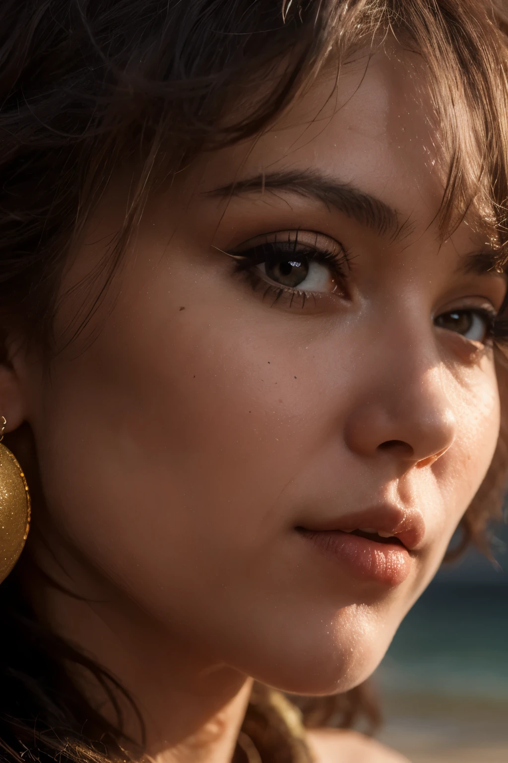 close-up photo of a woman, in the style of igor zenin, dark amber and gold, beach portraits, ultra-realistic, david nordahl, fairycore, explosive pigmentation --ar 71:128 --stylize 750