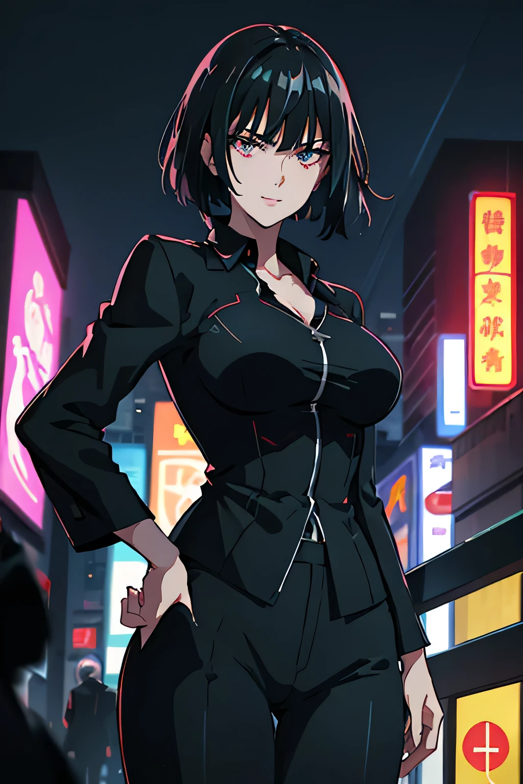anime、High image quality、High resolution、masterpiece、A woman in a black office suit、Slim figure、Dark purple short hair、View point looking down on the viewer、Low angle view、Hands in pockets、Red Eyes、Fearless smile、Cyberpunk、Night City、Asian cities、The wind is blowing、Neon Signs、