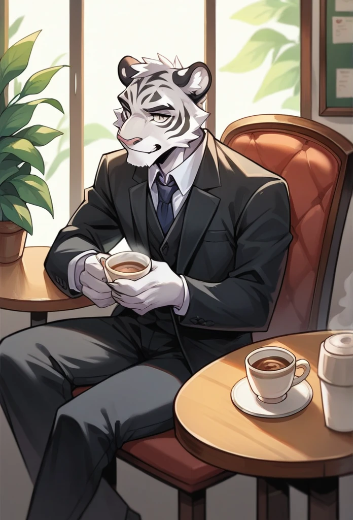  Detailed artistic portrait, of an anthromorphic adult tiger, Alone, wearing black suit, sitting on a chair, having a cup of tea, in a coffee shop, tables, chairs, liqueurs, in the background.