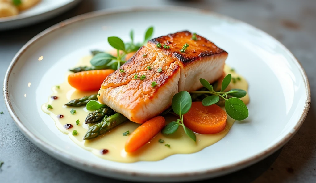 A beautifully composed culinary scene featuring an exquisitely plated gourmet dish. At the center is a perfectly seared piece of salmon, its golden-crisp skin contrasted by the soft, flaky texture of the fish. Surrounding it are vibrant, artfully arranged vegetables—baby carrots, roasted asparagus, and delicate pea shoots—each displaying vivid colors and intricate details. (Salmon and vegetables: 1.8). A velvety drizzle of herb-infused sauce creates elegant swirls on the plate, adding a touch of sophistication. The dish is presented on a minimalist, matte white plate, allowing the colors and textures of the food to stand out. Ultra detailed, 8K quality, focus on the textures of the ingredients and the artistic presentation, no distorted shapes or unnatural lighting.