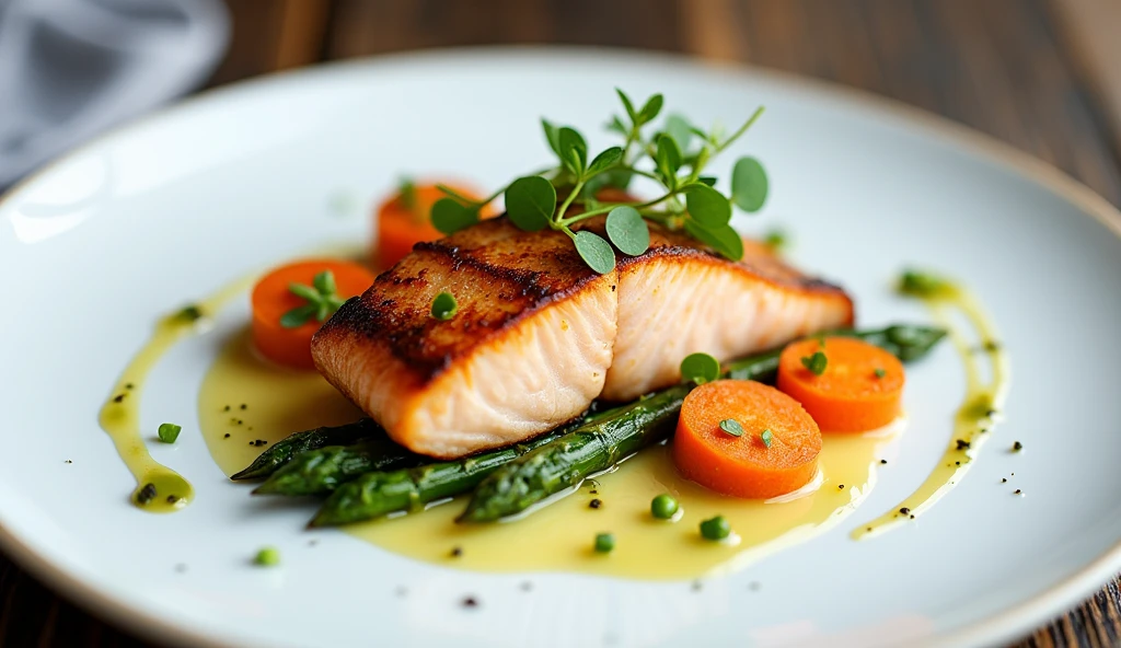 A beautifully composed culinary scene featuring an exquisitely plated gourmet dish. At the center is a perfectly seared piece of salmon, its golden-crisp skin contrasted by the soft, flaky texture of the fish. Surrounding it are vibrant, artfully arranged vegetables—baby carrots, roasted asparagus, and delicate pea shoots—each displaying vivid colors and intricate details. (Salmon and vegetables: 1.8). A velvety drizzle of herb-infused sauce creates elegant swirls on the plate, adding a touch of sophistication. The dish is presented on a minimalist, matte white plate, allowing the colors and textures of the food to stand out. Ultra detailed, 8K quality, focus on the textures of the ingredients and the artistic presentation, no distorted shapes or unnatural lighting.