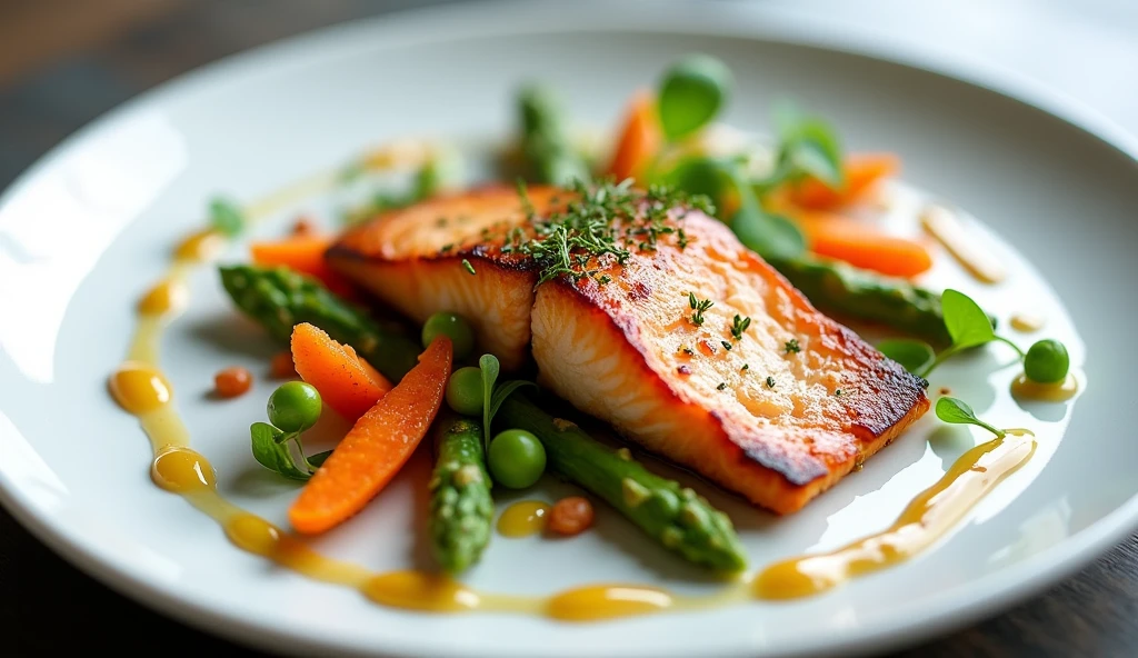 A beautifully composed culinary scene featuring an exquisitely plated gourmet dish. At the center is a perfectly seared piece of salmon, its golden-crisp skin contrasted by the soft, flaky texture of the fish. Surrounding it are vibrant, artfully arranged vegetables—baby carrots, roasted asparagus, and delicate pea shoots—each displaying vivid colors and intricate details. (Salmon and vegetables: 1.8). A velvety drizzle of herb-infused sauce creates elegant swirls on the plate, adding a touch of sophistication. The dish is presented on a minimalist, matte white plate, allowing the colors and textures of the food to stand out. Ultra detailed, 8K quality, focus on the textures of the ingredients and the artistic presentation, no distorted shapes or unnatural lighting.