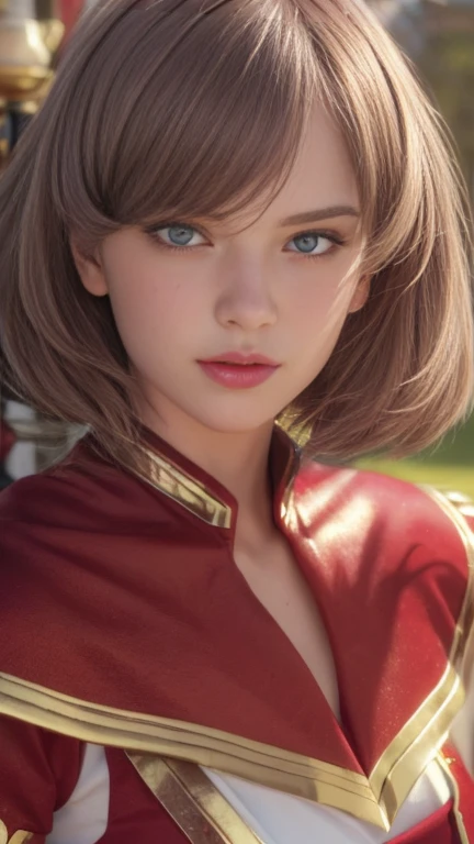 ((masterpiece))), ((Best Quality))), ((Super detailed)), (Surreal), (Highly detailed CG illustrations), Cinematic Light, Realistic, Very beautiful young woman,sexy, light makeup, Complex Details EABA, Red Cape, spear