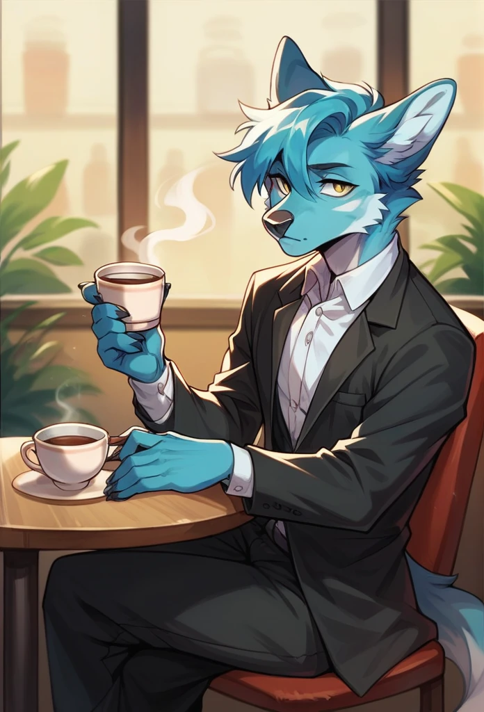  Detailed artistic portrait, of an anthromorphic adult fox, Alone, wearing black suit, sitting on a chair, having a cup of tea, in a coffee shop, tables, chairs, liqueurs, in the background.