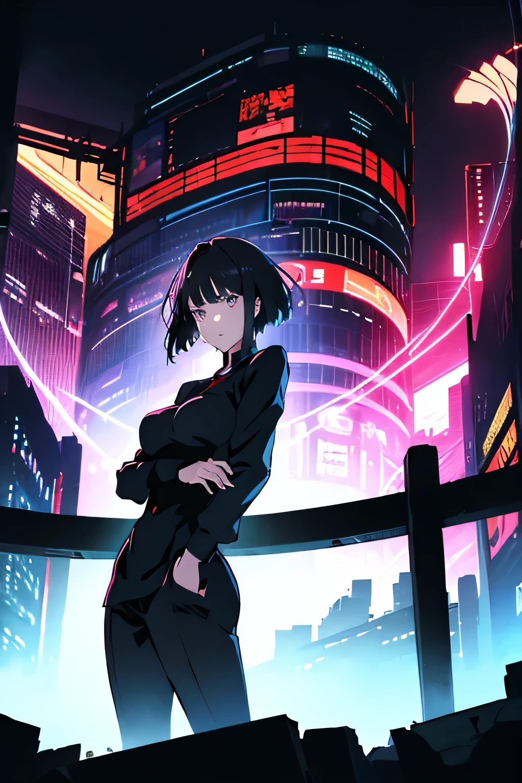 anime、High image quality、High resolution、masterpiece、A woman in a black suit、Slim figure、Dark purple short hair、View point looking down on the viewer、Low angle view、Hands in pockets、Red Eyes、Glaring、Cyberpunk、Night City、Asian cities、The wind is blowing、Neon Signs、