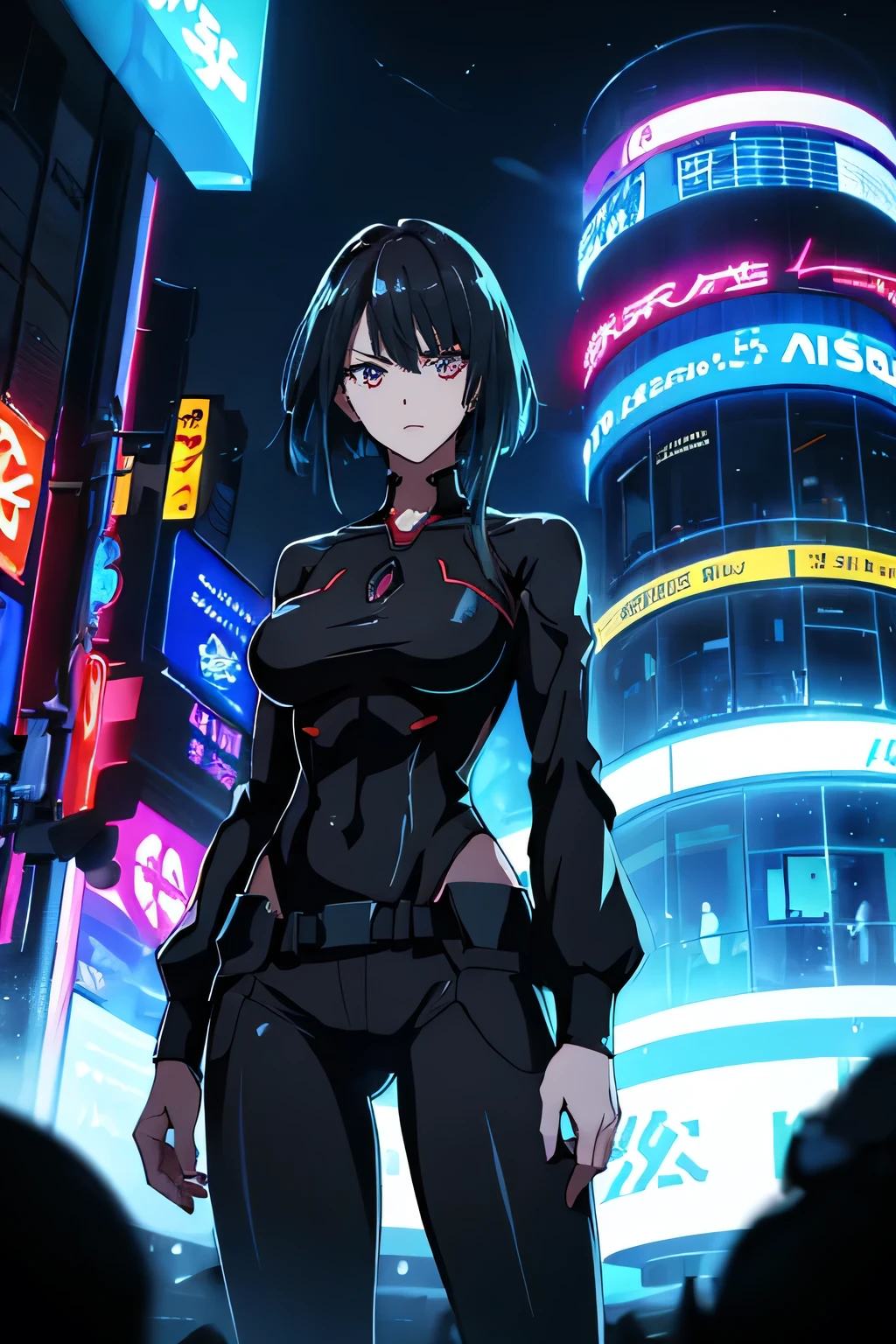 anime、High image quality、High resolution、masterpiece、A woman in a black suit、Slim figure、Dark purple short hair、View point looking down on the viewer、Low angle view、Hands in pockets、Red Eyes、Glaring、Cyberpunk、Night City、Asian cities、The wind is blowing、Neon Signs、