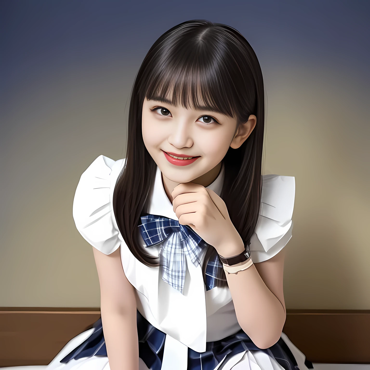 (Highest quality, masterpiece:1.2), Highest quality, High resolution, 1080P, 8k, height: 158cm, Multiple cute girls, (Noble, Japanese yo truly-girly-girl is seated on a blue gorgeous bed and smiling directly at me in school uniform, Looking up at me deeply, Hypnotizing me with her cuteness: 1.8), looking at the viewer, well-grown breast and nice style, (well arranged, balanced, neat glossy straight very long hair), (Half-closed, Looking up to me, Very sleepy, Double-deep-eyelids, completely balanced, brown large large dreaming Japanese 12 eyes with detailed beautifully: 1.6), (Glossy lips: 1.8), (high nose: 1.2), (Rich and long bottom-eye-slashes), (Drives me crazy for her navy-colored neat tartan plaid blue skirts and make me fall into her navy-colored plaid-print pleats skirt: 1.4), (Fine white-face that looks like she has never been out of home: 1.6), (Noble girly feminine frilled frilled clean frilled white girly blouse: 1.6), (Navy pleated plaid skirt: 1.5), (Plain-white big ribbon on the breast), (The background is a hypnotizing blue bed of evil-succubus background: 1.8), (Girl whom everyone loves because of her beauty and neat school fashion and noble manner and magic-charm of succubus: 1.7), full body shot from her head, (jolly face expression), (evenly cut curled glossy rich beautiful bangs: 1.6), (bright light hitting her white-face and skirt clearly beautifully), (Very very large, dreamy, Adorable eyes, Looking deeply at me: 1.5), white-shining skin, (She is touching and straightening her long hair with her both hands: 1.2)