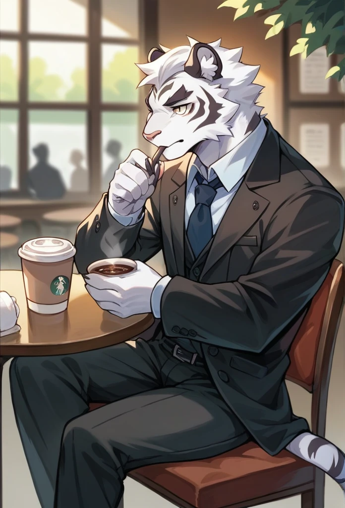  Detailed artistic portrait, of an anthromorphic adult tiger, Alone, wearing black suit, sitting on a chair, drinking tea, in a coffee shop, tables, chairs, liqueurs, in the background.