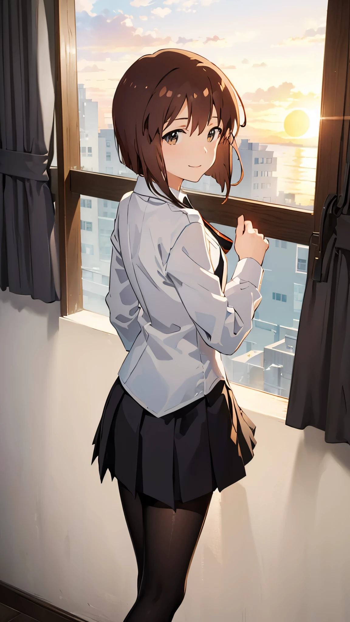 Girl standing by the window in the classroom, 1 girl, yukiho hagiwara, brown short hair, BREAK, (school uniform, white shirt, black skirt, black tights: 1.5), BREAK, Stand in front of a window, Looking back, smile, femininity, Alone in the classroom, (can see the sunset from the window, Sunset sky, evening), CG, unity, 8k, wallpaper, highest quality, masterpiece, best lighting, complex textile, detailed background, detailed face, realistic texture