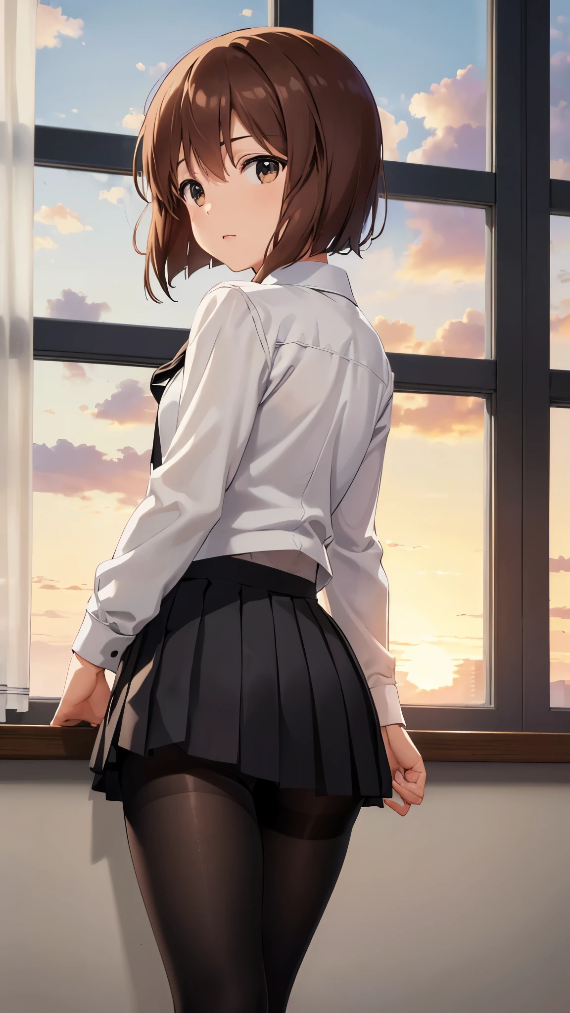 1 girl, yukiho hagiwara, brown short hair, BREAK, (school uniform, white shirt, black skirt, black tights: 1.5), BREAK, Stand in front of a window, Looking back, femininity, Alone in the classroom, (can see the sunset from the window, Sunset sky, evening), CG, unity, 8k, wallpaper, highest quality, masterpiece, best lighting, complex textile, detailed background, detailed face, realistic texture