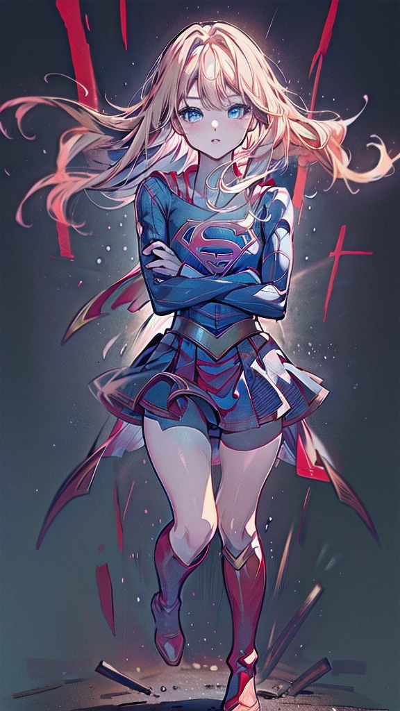 (whole body),Big Booty Goth Girl, Medium Chest, Pose in front,upright， Anime Style，3D Rendering,( supergirl)，blonde，Long Hair，blue eyes，Thick thighs，Red Skirt，The skirt is short,，You can see the blue leotard under the skirt.，Red Boots，The wind blows up my skirt，