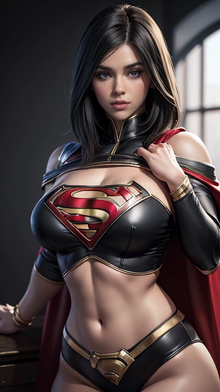 (best quality,4k,8k,highres,masterpiece:1.2),ultra-detailed,(realistic,photorealistic,photo-realistic:1.37), vivid colors, bokeh, HDR, studio lighting, extreme detail description, physically-based rendering, ultra-fine painting, sharp focus, professional, portraits, sexy supergirl, beautiful detailed eyes, beautiful detailed lips, green eyes, shoulder length  black hair, black and silver outfit, red cape with a midriff, , UHD 8K