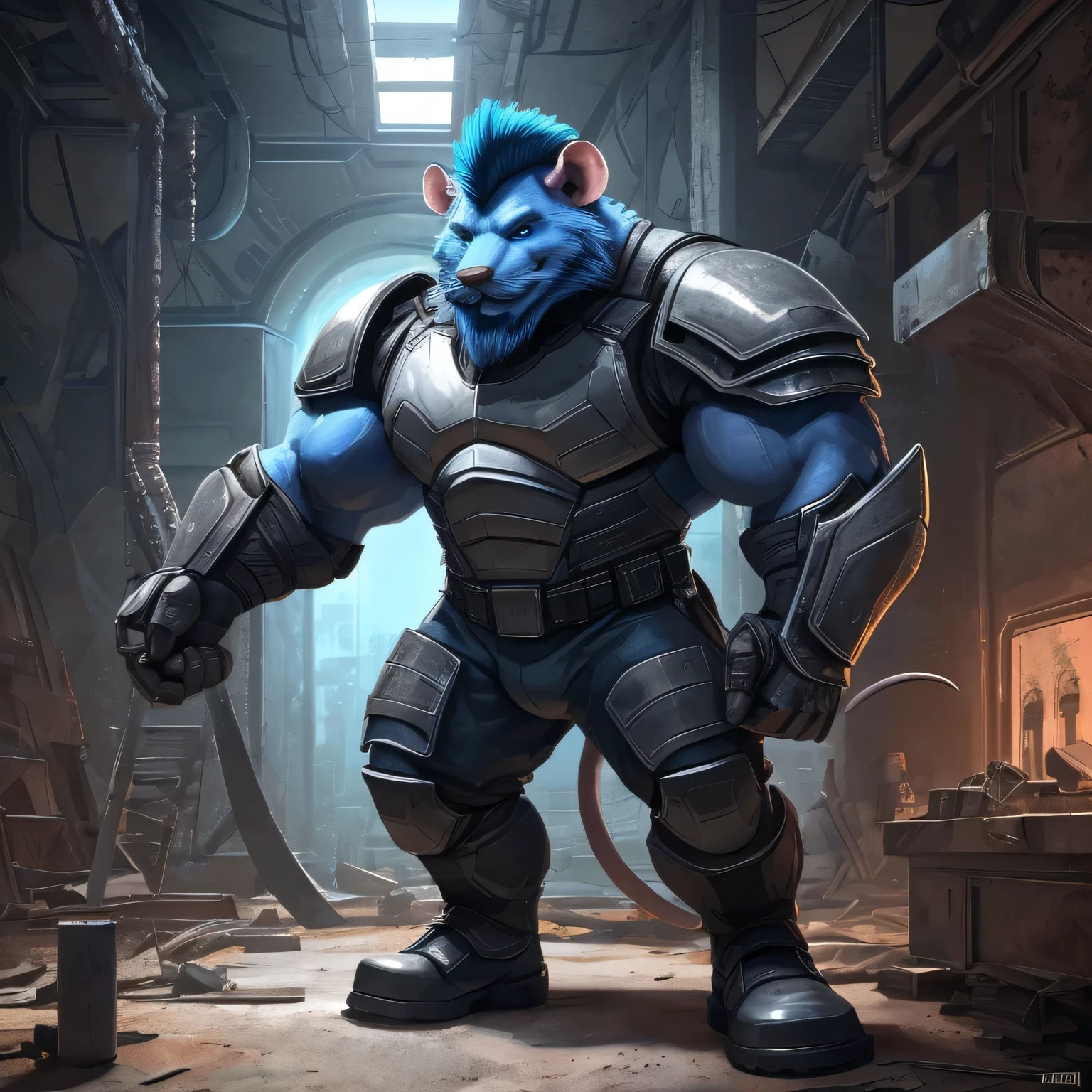 An anthropomorphic badass scientist rat (realistic, detailed, american shot, aesthetic physique, aesthetic proportions, 1 meters tall, small, thick large oversized upperbody muscles, well-built body, rat head (rat head, grey thick full mustache, grey thick trimmed midlong full beard, grey thick mohawk hairstyle, bright blue eyes, dark-blue fur) dark-blue fur, wears a grey futuristic military heavy armor, wears a futuristic grey armored pant, wears futuristic black military boots, wears a grey futuristic military heavy armor, doing experiments) standing, doing experiments in an abandoned lab in the sewers of futuristic ruins at night.