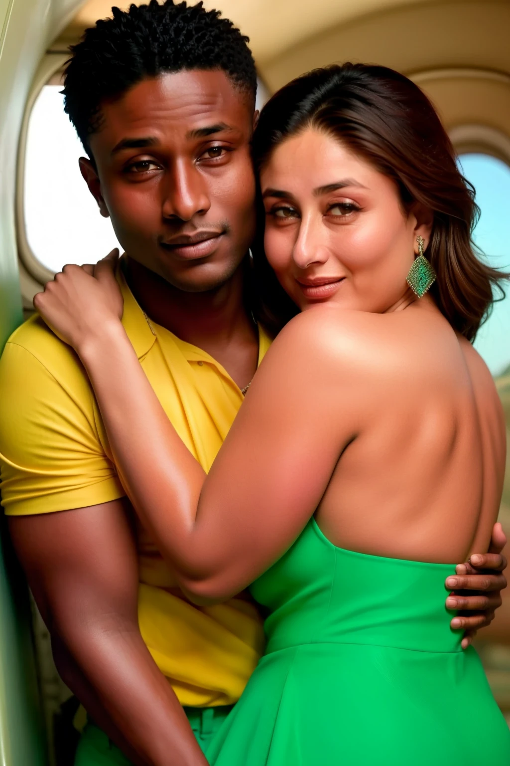 Kareena Kapoor tight hugging  with a 20 year old African boy 
He is standing behind her and is holding her very large breasts .  
They laugh a lot 
In a airplane 
For Hollywood movie poster