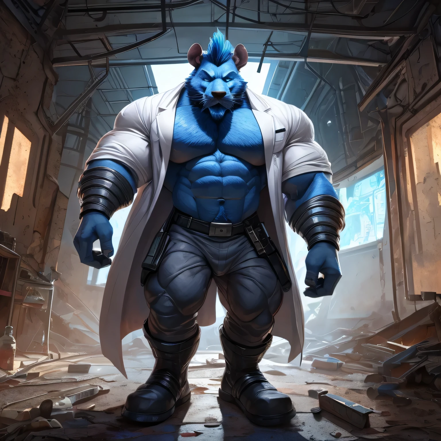 An anthropomorphic badass scientist rat (realistic, detailed, american shot, aesthetic physique, aesthetic proportions, 1 meters tall, small, thick large oversized upperbody muscles, well-built body, rat head (rat head, grey thick full mustache, grey thick trimmed midlong full beard, grey thick mohawk hairstyle, bright blue eyes, dark-blue fur) dark-blue fur, wears a closed grey futuristic scientist lab coat, wears a futuristic grey armored pant, wears futuristic black military boots, wears a closed grey futuristic scientist lab coat, doing experiments) standing, doing experiments in an abandoned lab in the sewers of futuristic ruins at night.