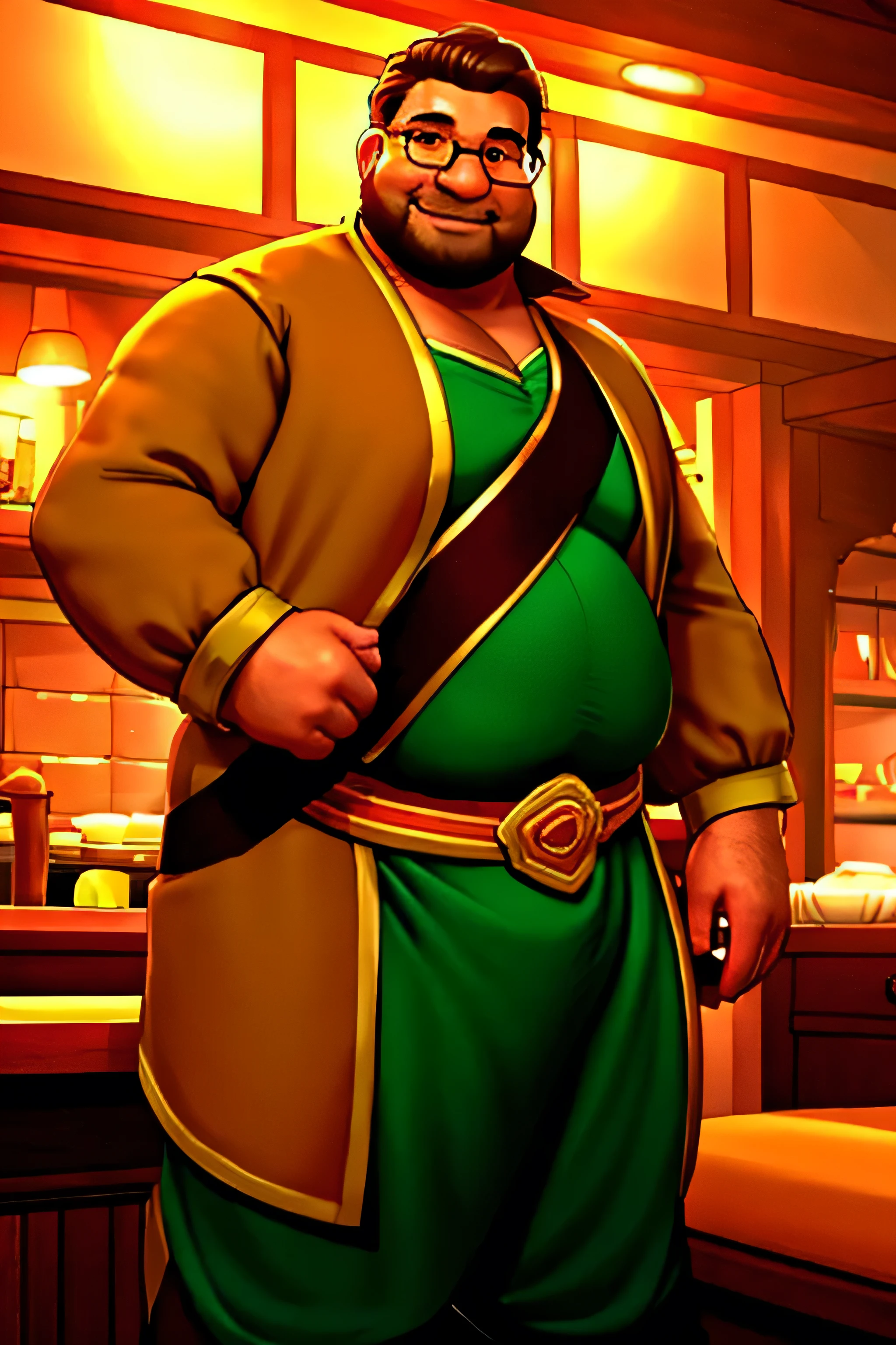 (8K. hyper-realistic, high definition, masterpiece) Obese bard, Handsome fuzzy Asian daddy,, plump-faced, buffed, wearing an green buttoned shirt and a long orange silk trench coat, wearing brown medieval trousers, wearing a thick opulent golden sash, big bulging crotch, long brown hair, smiling, wearing round rimmed glasses, inside a tavern, evening, blurred background.