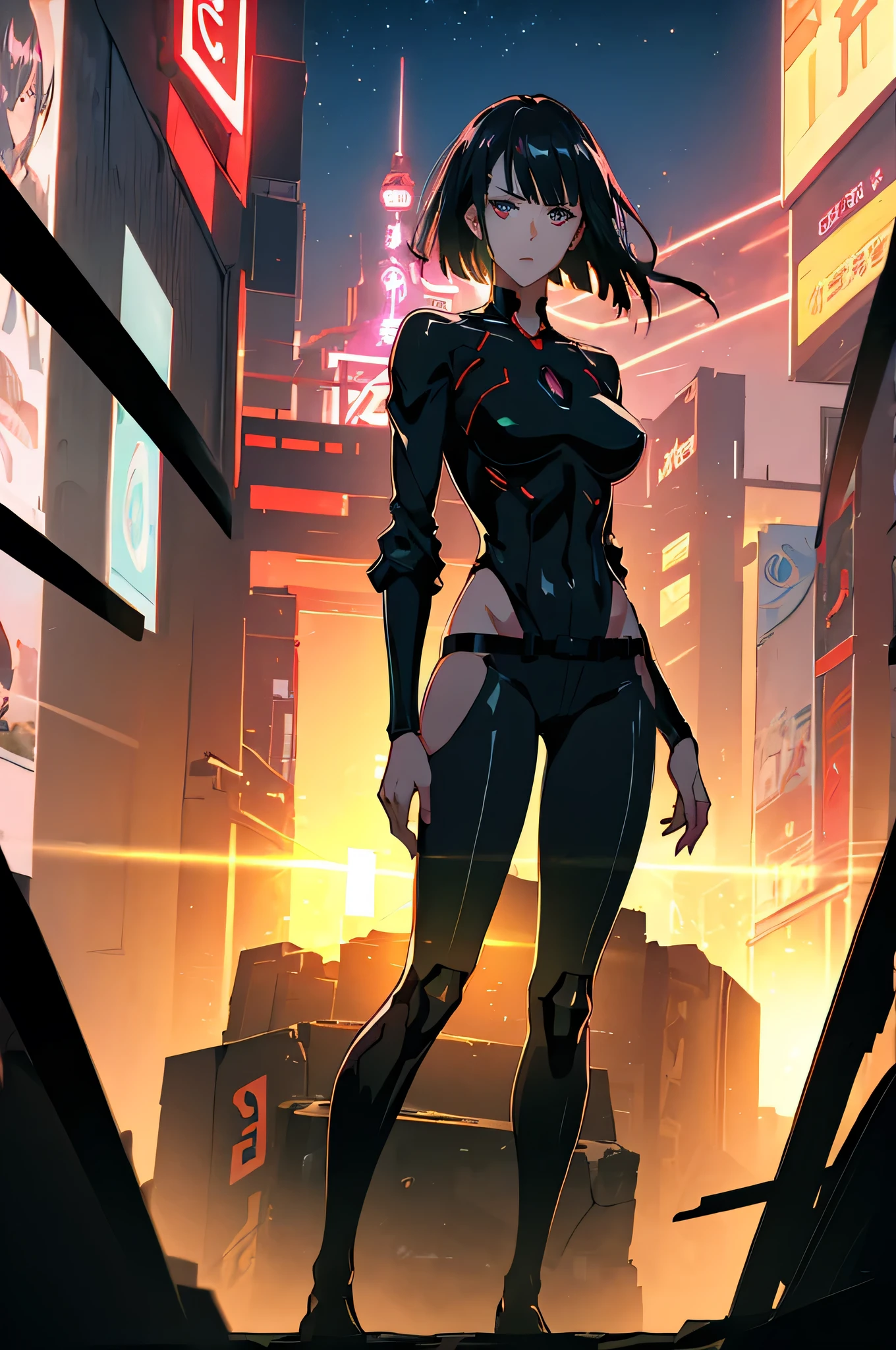 anime、High image quality、High resolution、masterpiece、A woman in a black suit、Slim figure、Dark purple short hair、View point looking down on the viewer、Low angle view、Hands in pockets、Red Eyes、Glaring、Cyberpunk、Night City、Asian cities、The wind is blowing、Neon Signs、